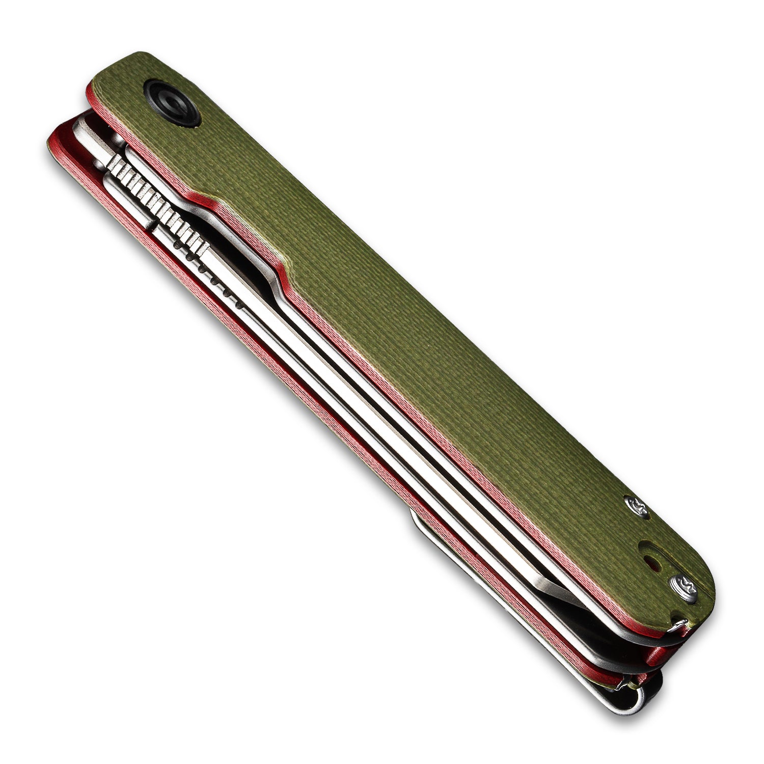 Closed back side of a CIVIVI Sendy Pocket Knife with a G10 green handle and a satin nitro V spey point blade