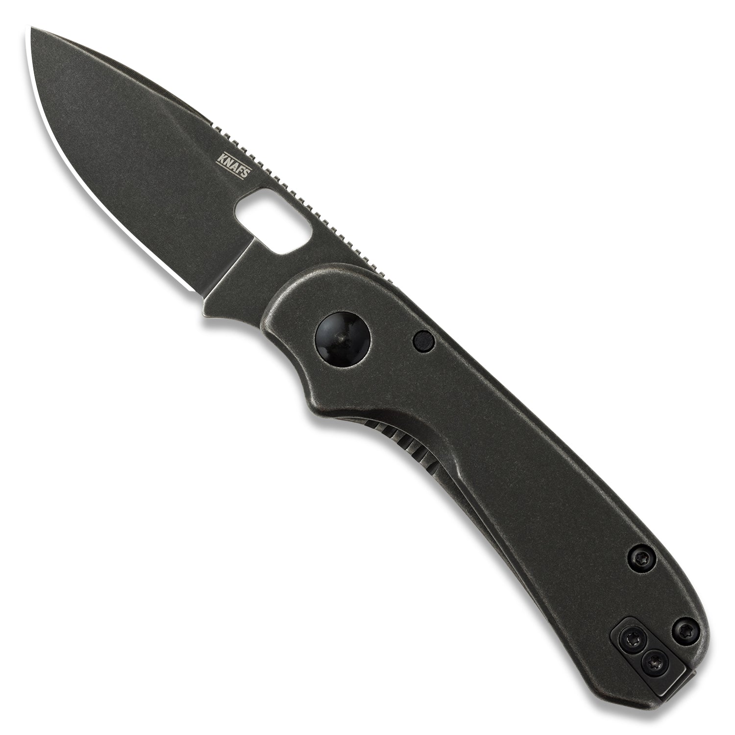 Black folding knife with a visible Knafs logo on a white background
KNAFS-00325 Lander 5 Pocket Knife Black Stonewash front open