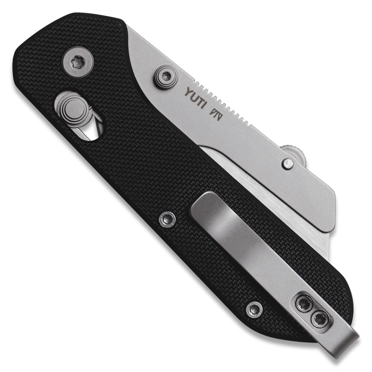 Yuti utility knife with black G10 handle, closed, front angled view