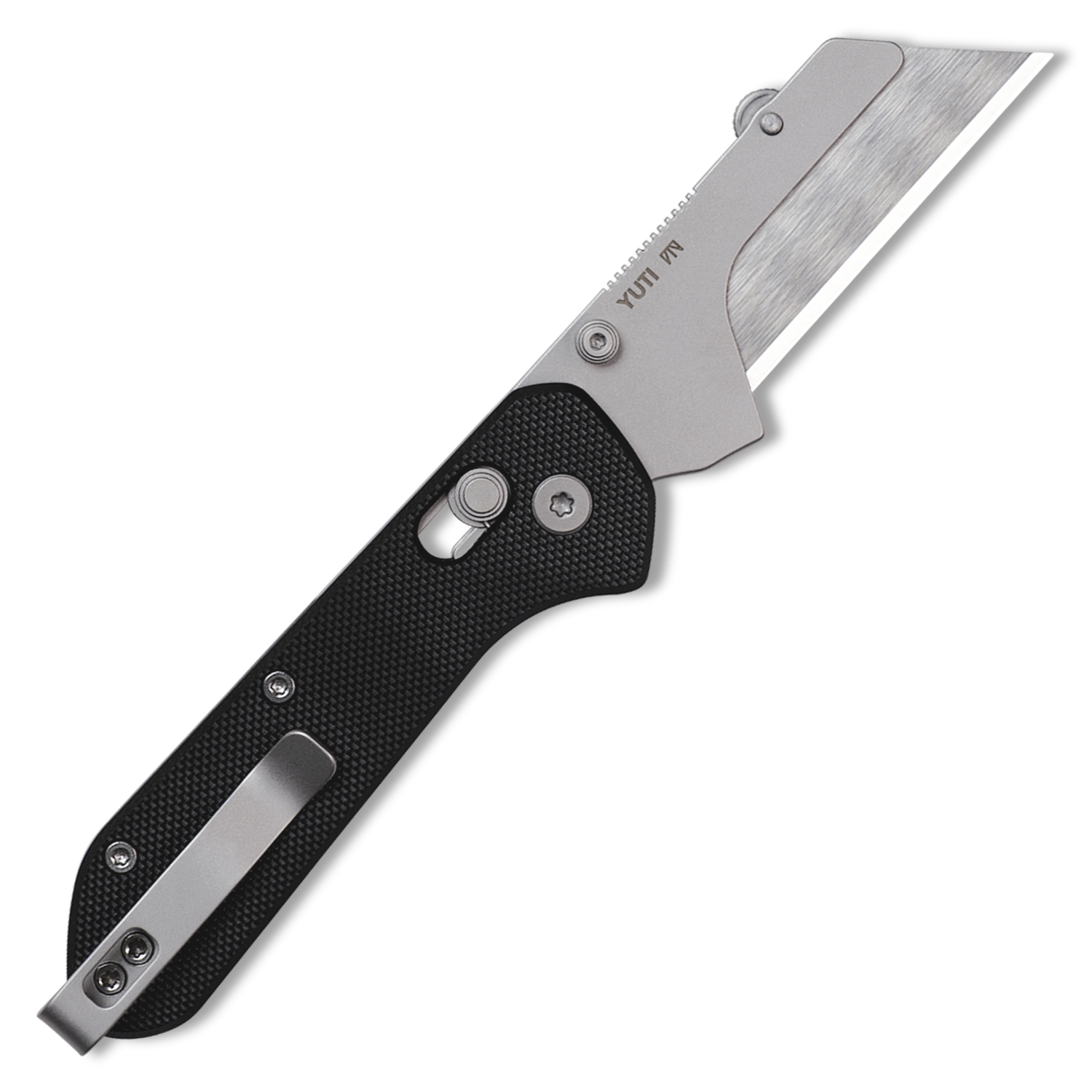 Yuti utility knife with black G10 handle, open, angled studio shot