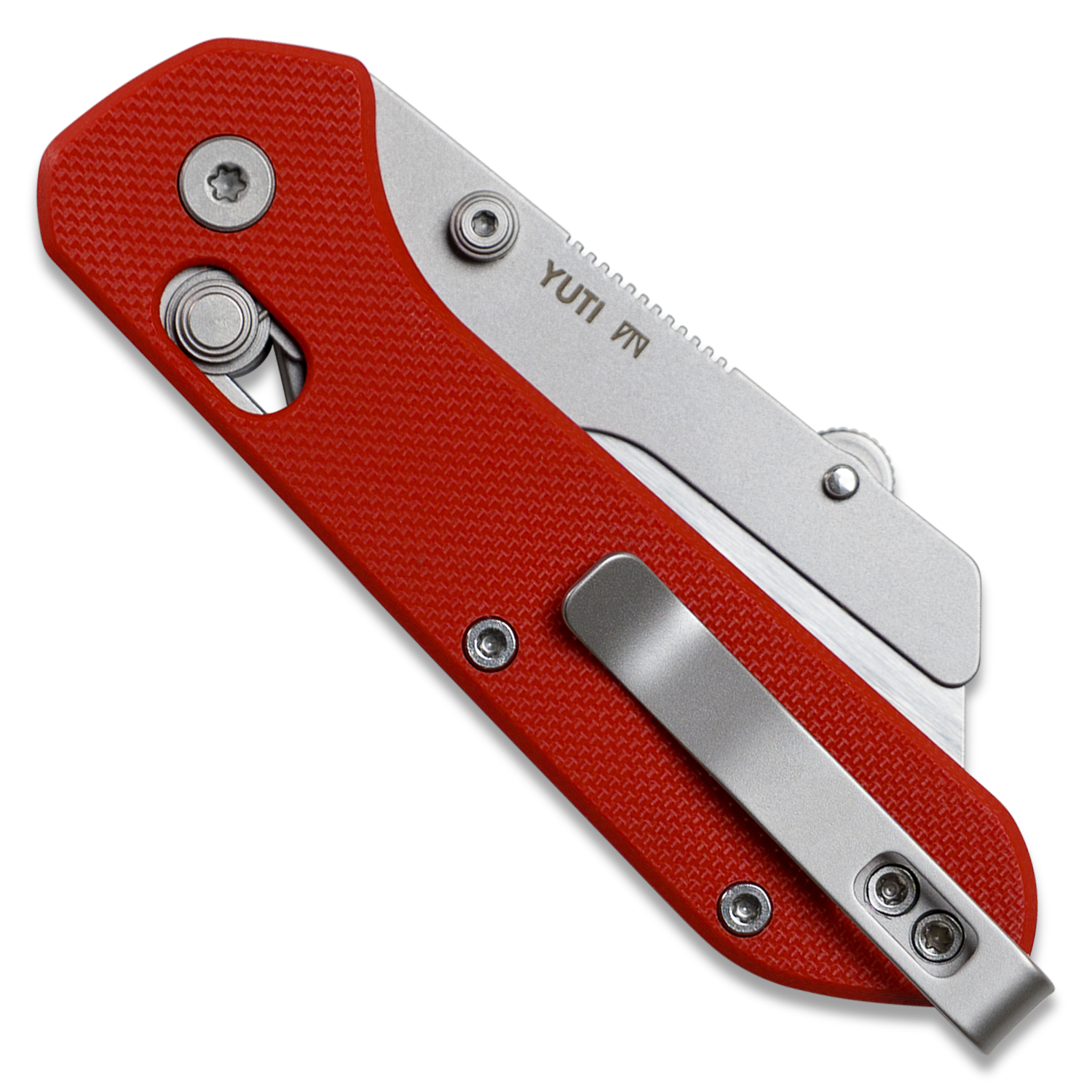 Yuti utility knife with red G10 handle, closed, back angled view