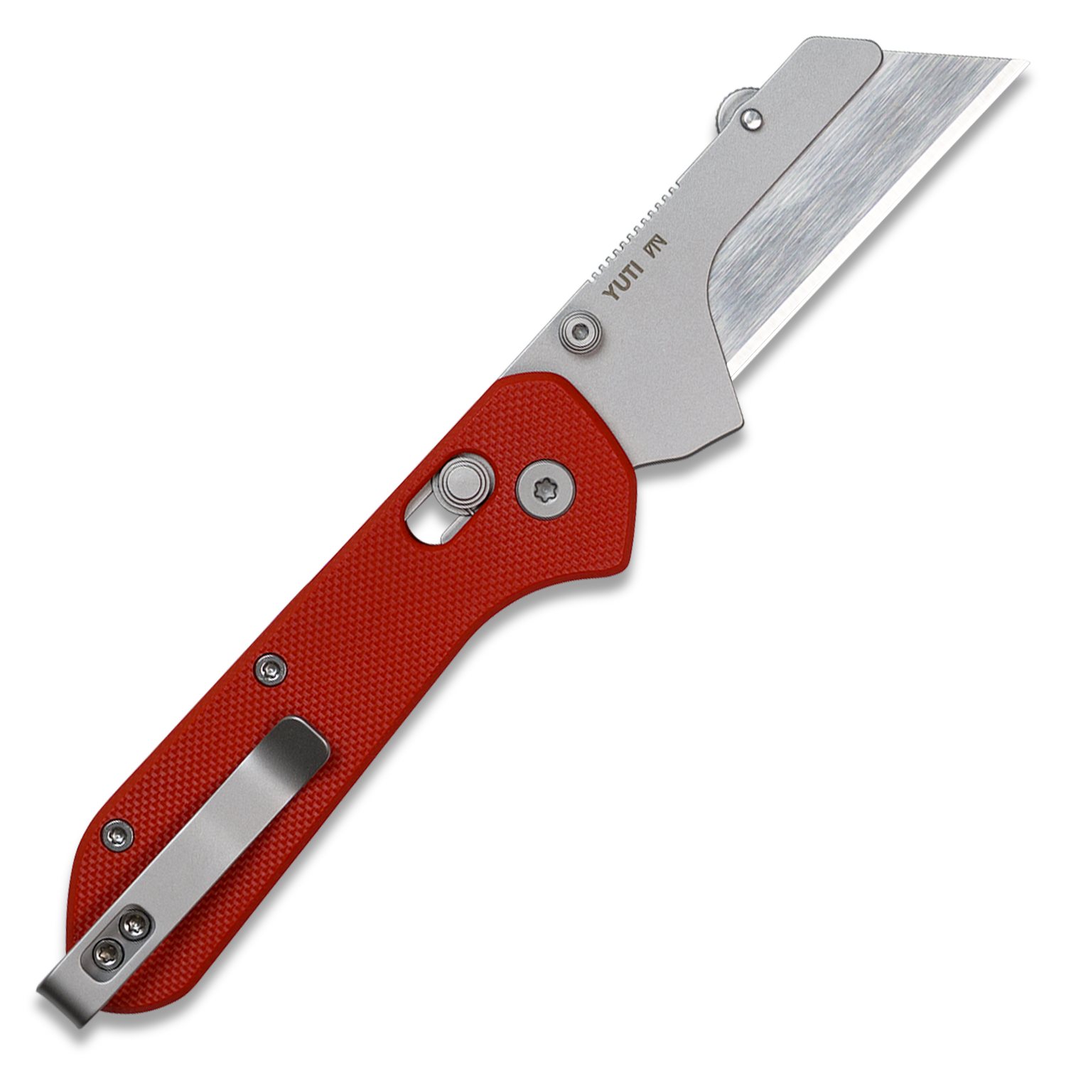 Yuti utility knife with red G10 handle, open, back angled view