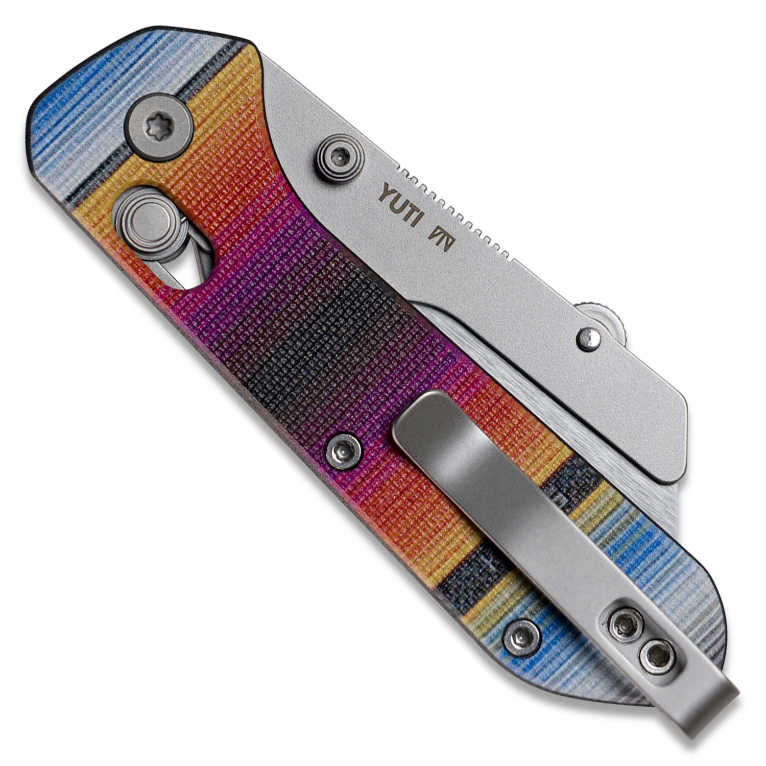A folding pocket knife with a textured, multicolor striped handle and a silver titanium clip, shown open on a white background. The model name "YUTI" is visible on the metal razor blade.
