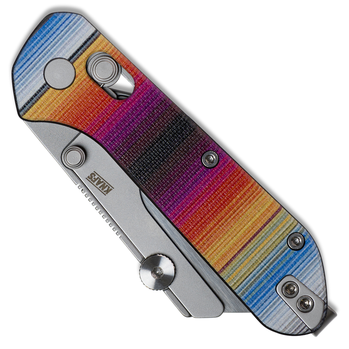 A folding pocket knife shown open on a plain white background, featuring a textured multicolor handle with blue, orange, red, purple, and black stripes, and a silver metal blade and hardware.