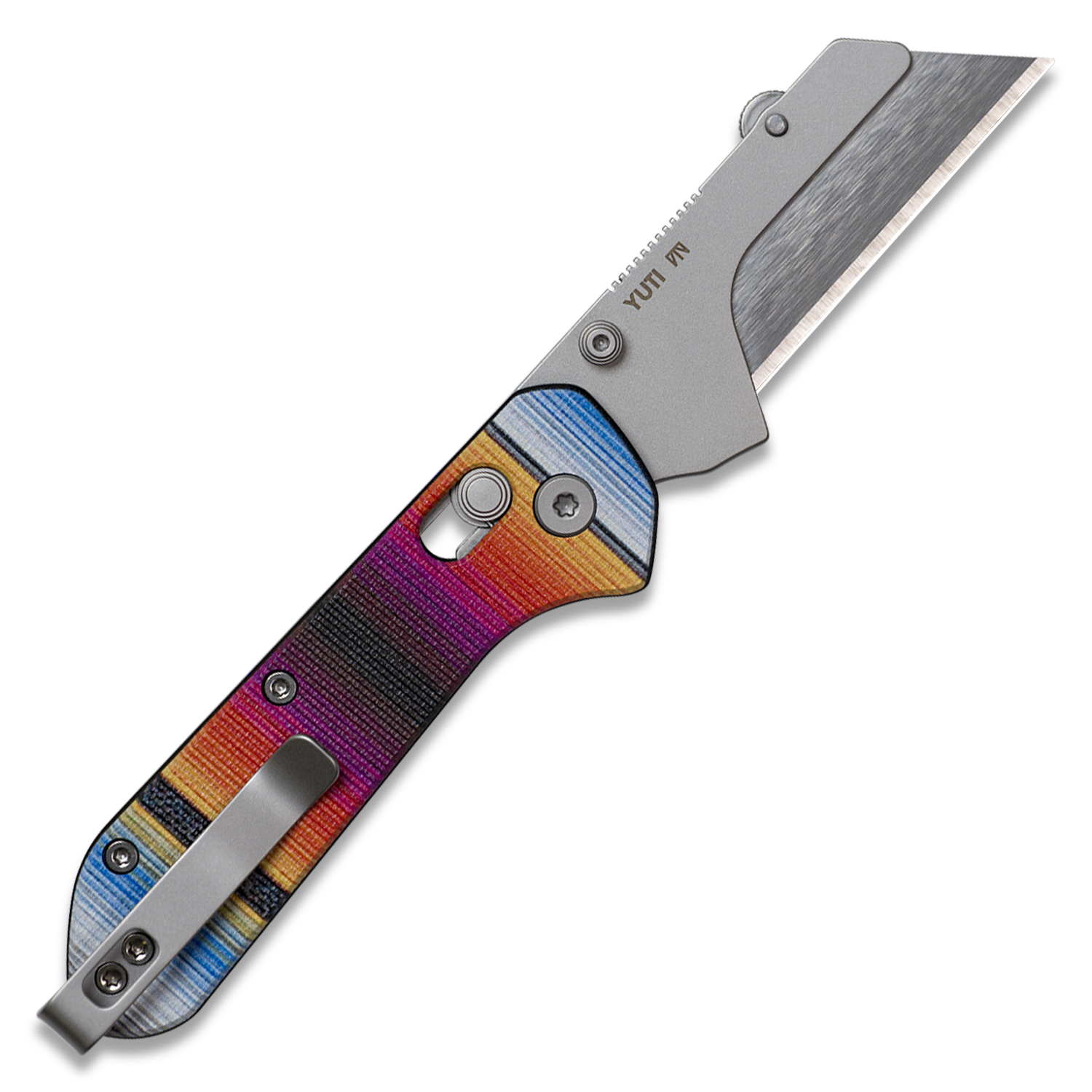 Yuti utility knife with UV printed Mexican blanket pattern G10 handle, open, back view