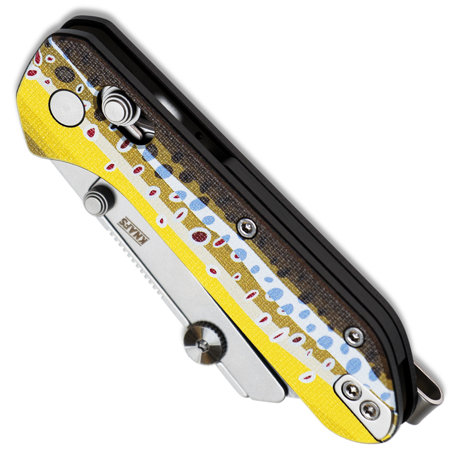 Yuti utility knife with UV printed brown trout pattern G10 handle, closed, angled view