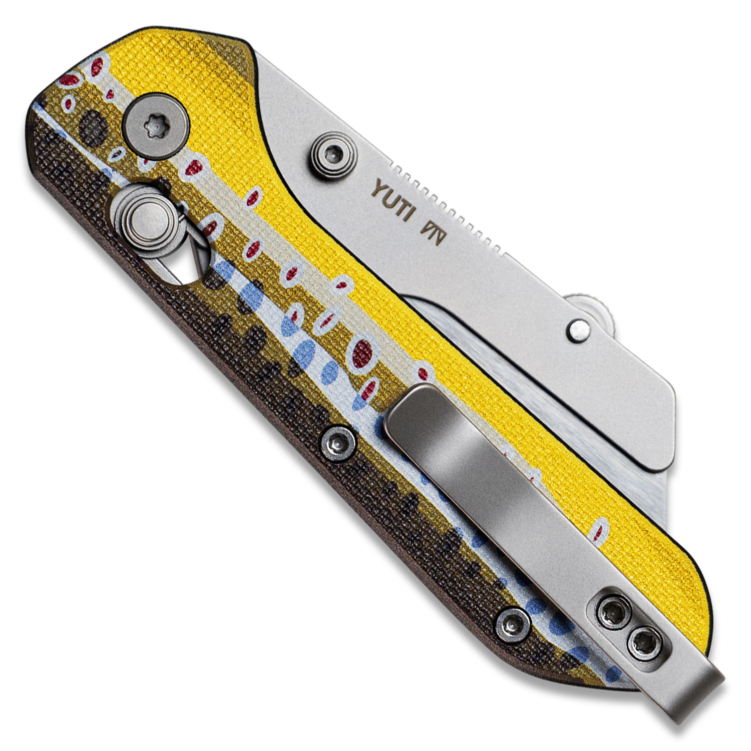 Yuti utility knife with UV printed brown trout pattern G10 handle, closed, back view
