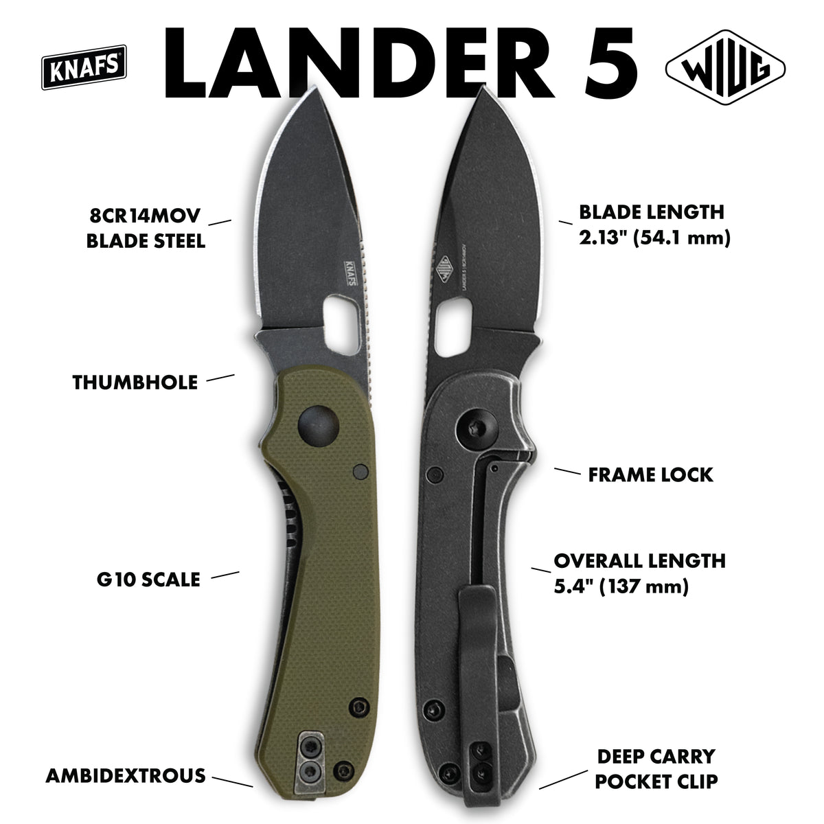 Two folding knives shown side by side on a white background with labeled callouts for Knafs Lander 5 features, including blade steel, blade length, overall length, thumbhole, G10 scale, ambidextrous handle, frame lock, and deep carry pocket clip.