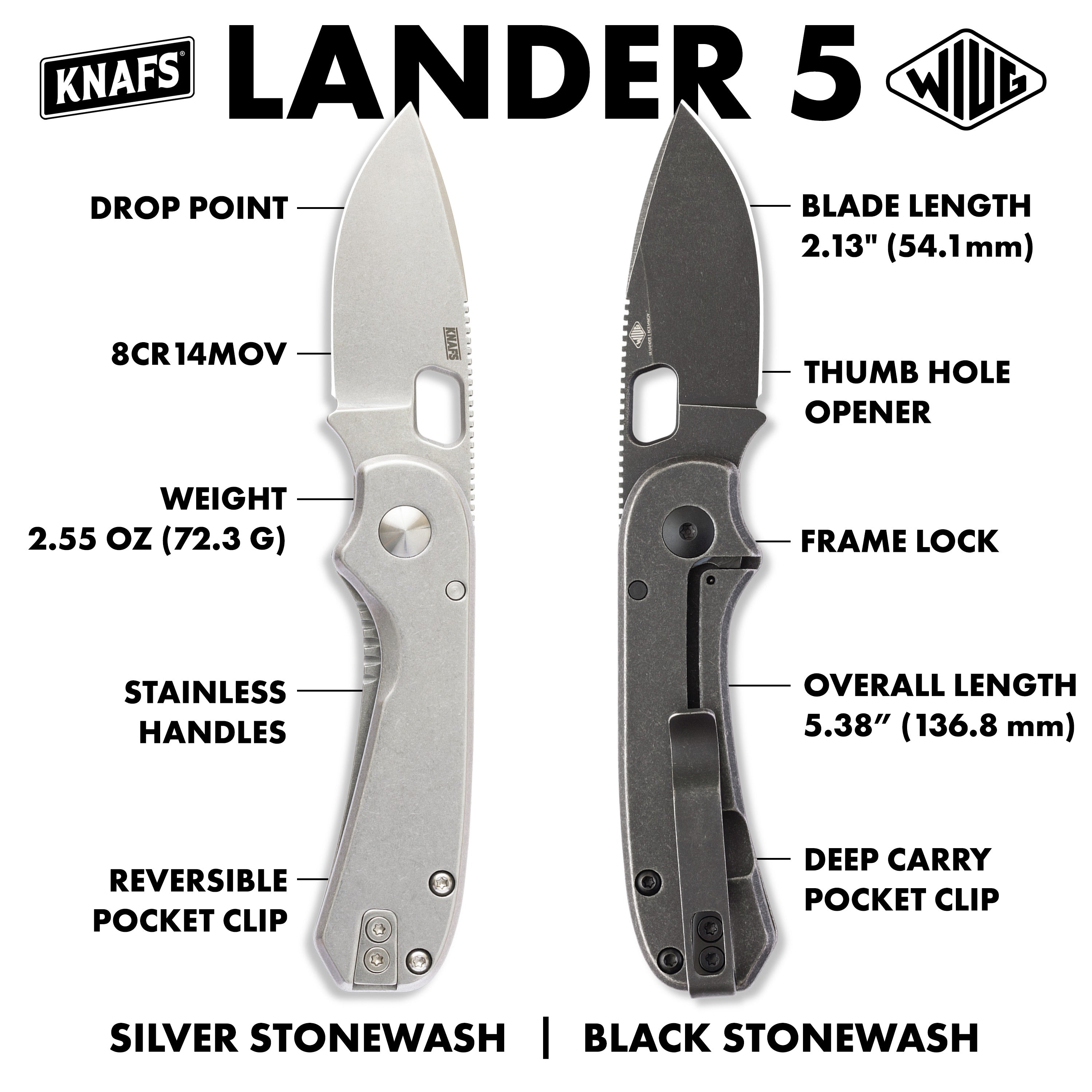 Lander 5 Pocket Knife - Gray Stonewash - 8CR14MOV
