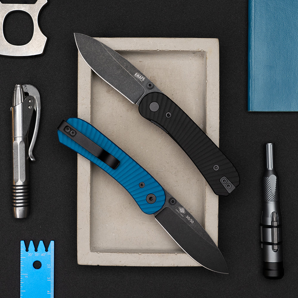 Lander 1 Pocket Knife - Limited Edition Solar Flare Aluminum Scales - S35VN - Black - Front and Back Open