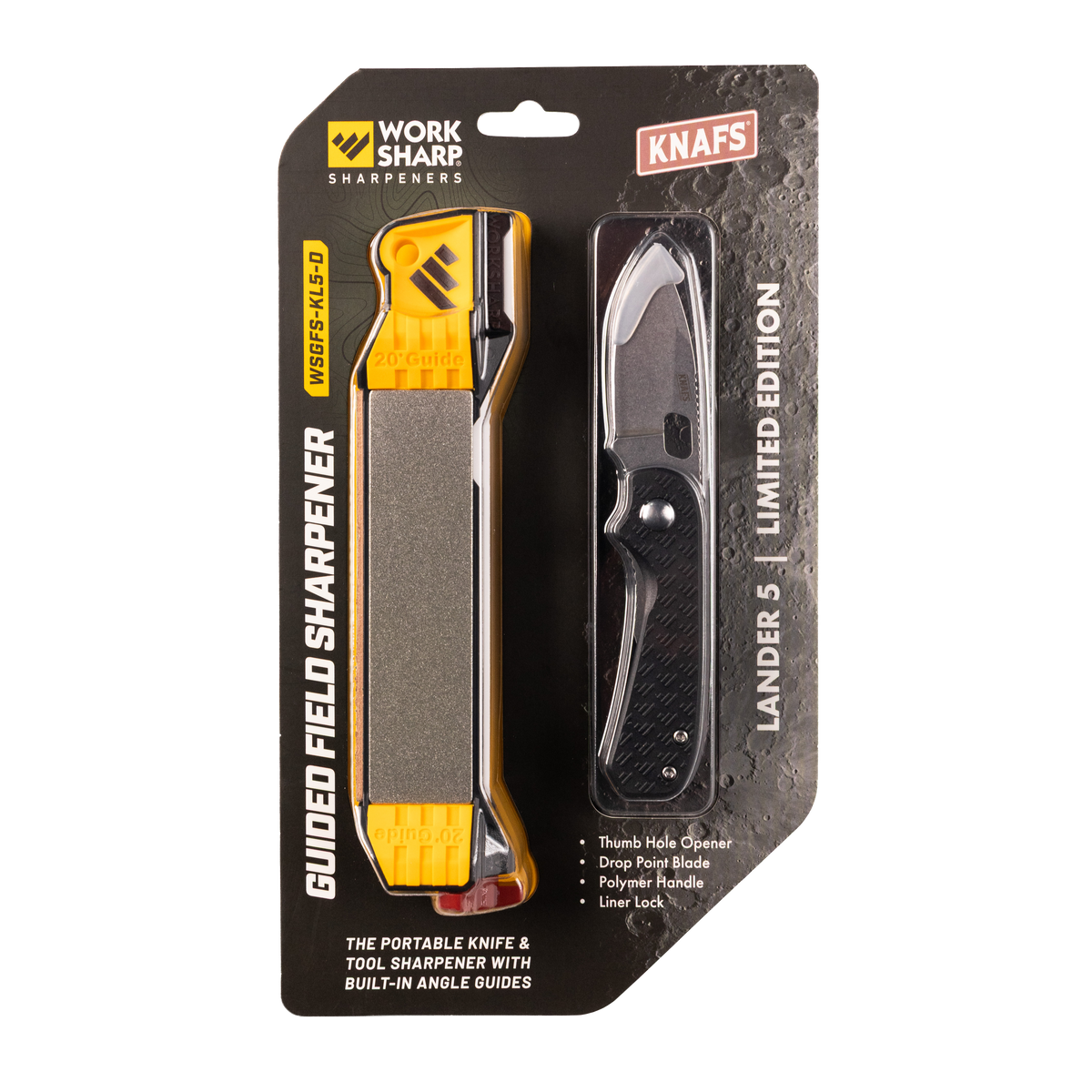Work Sharp Knafs Lander 5 Limited Edition Guide Field Sharpener in its original retail blister packaging, featuring a black and silver pocket knife and a yellow and gray angle guide.