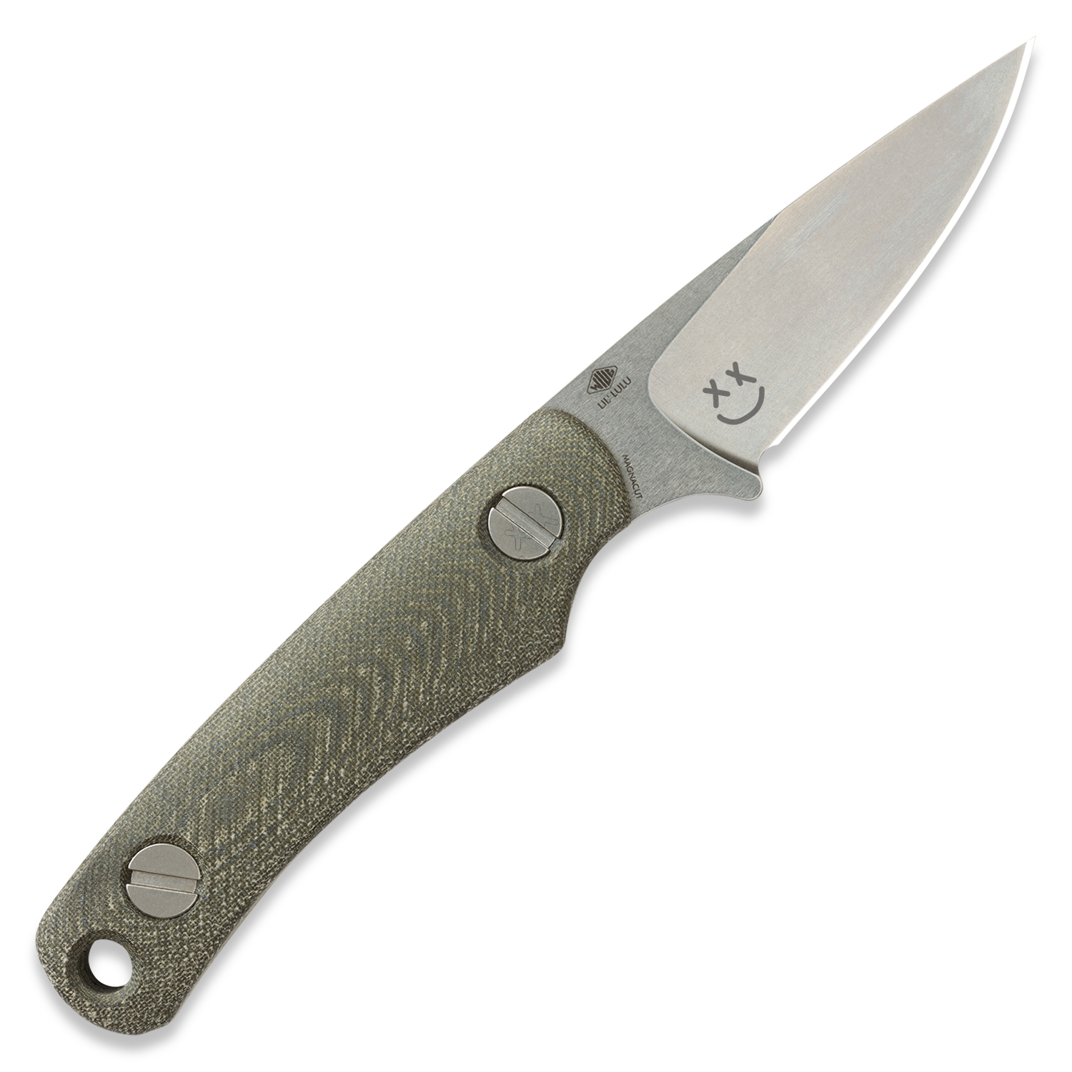 Fixed blade knife with a textured green handle on a white background, Knafs BLEM Little Lulu