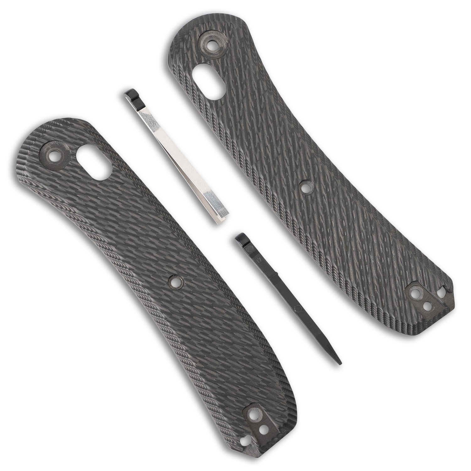 Lander 2 Knife Scales - Bias Carbon Fiber - Front and Back scale with Tweezers and Toothpick Up Close 