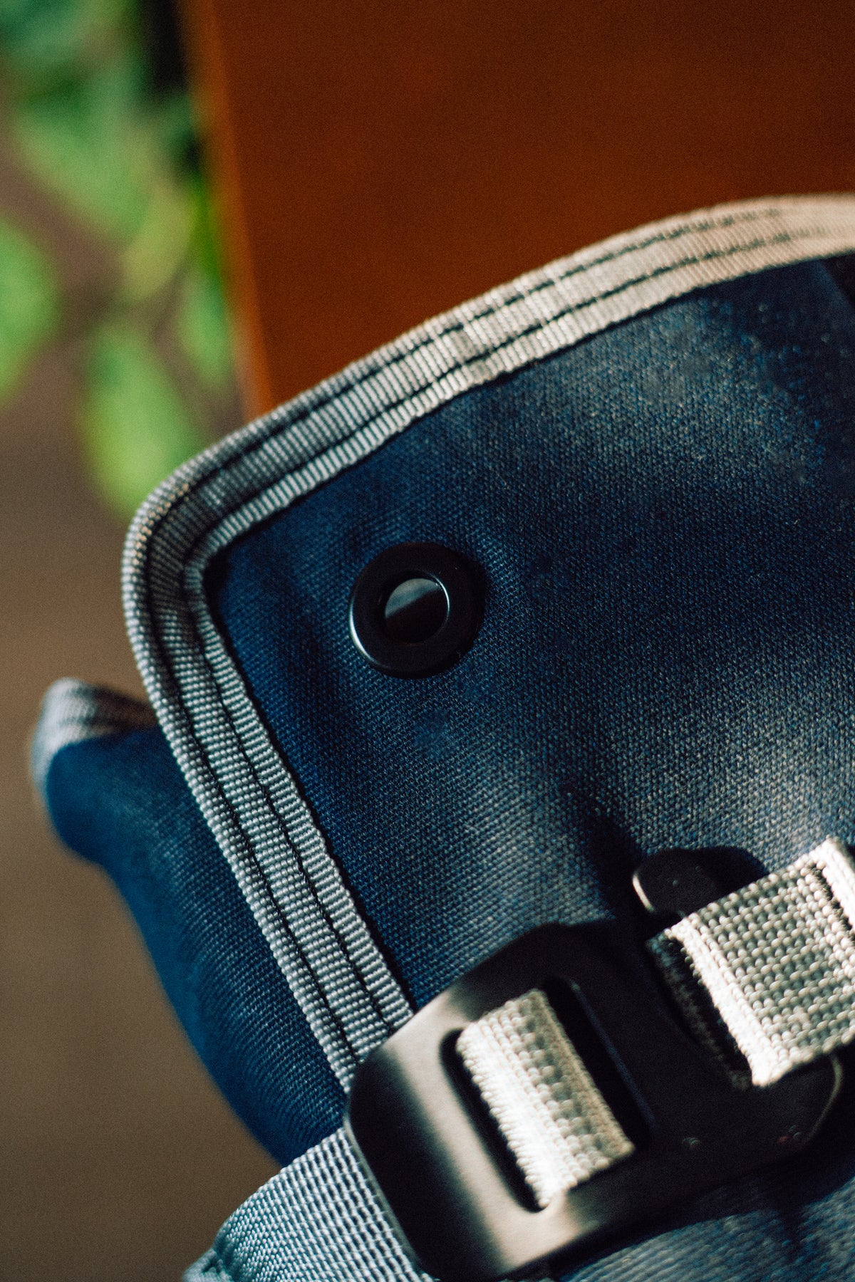 Burrito Grande Navy Blue Edition knife roll strapped closed with buckle, close-up