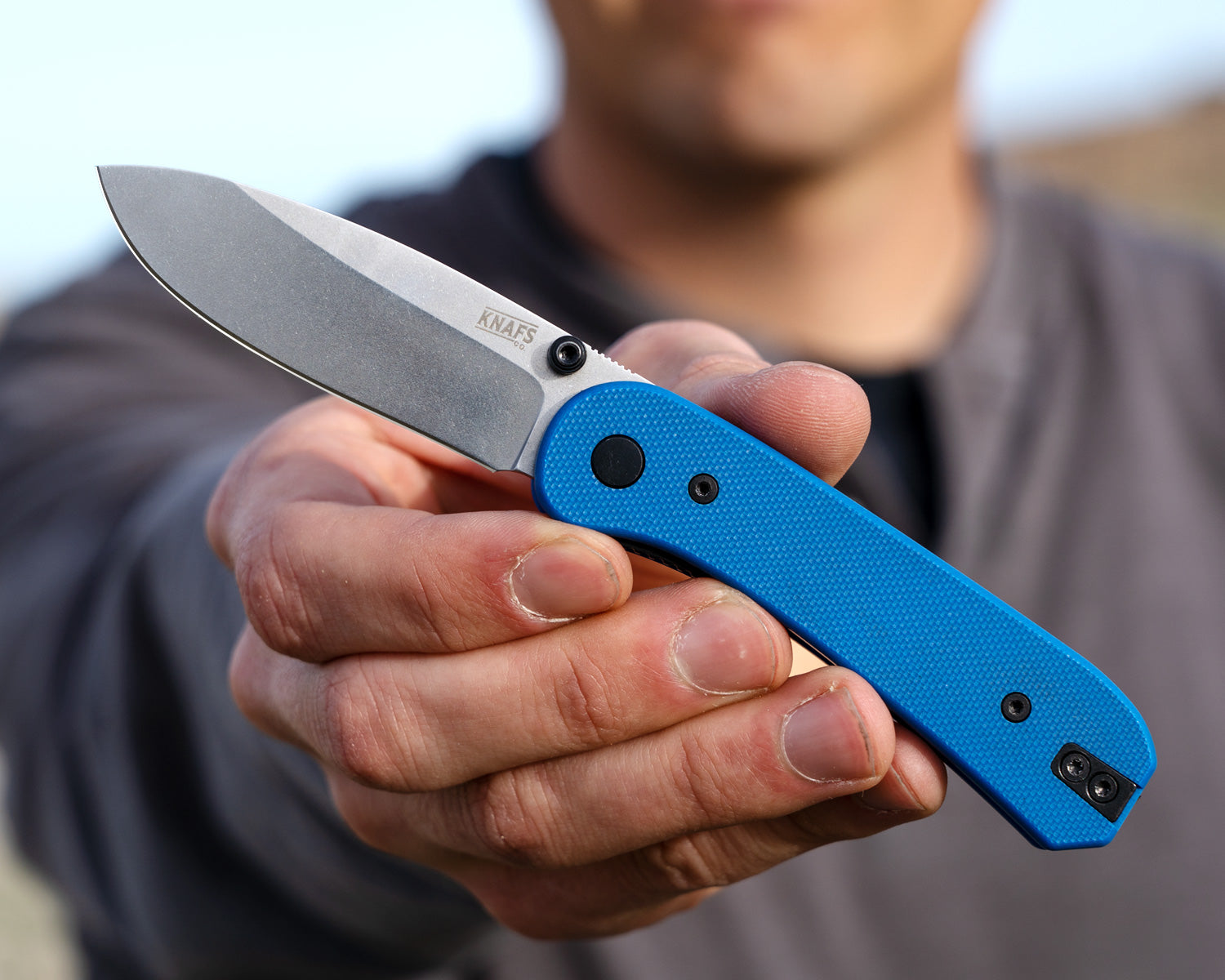 Lander 1 Pocket Knife - Blue G10 - D2 - Open Front up close