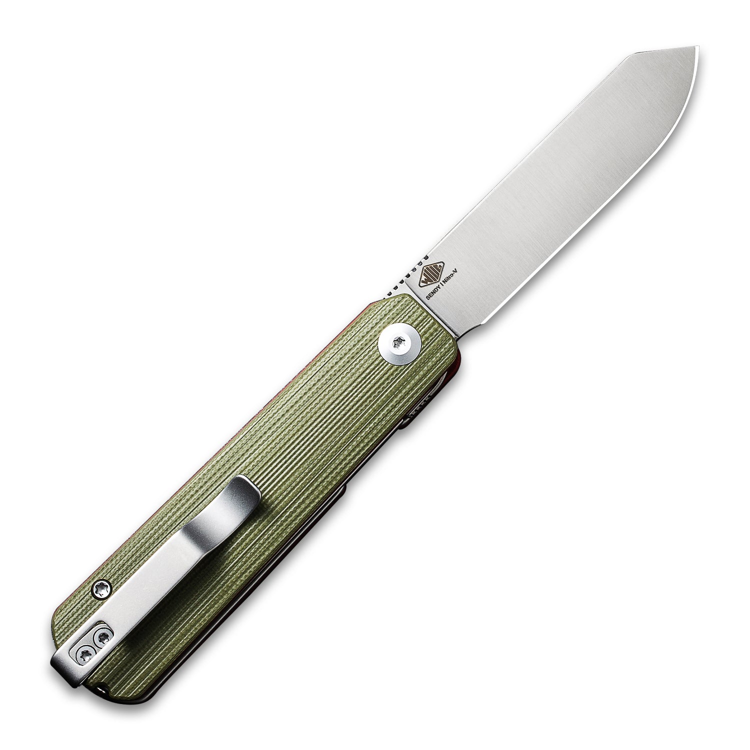 Opened clip side of a CIVIVI Sendy Pocket Knife with a G10 green handle and a satin nitro V spey point blade