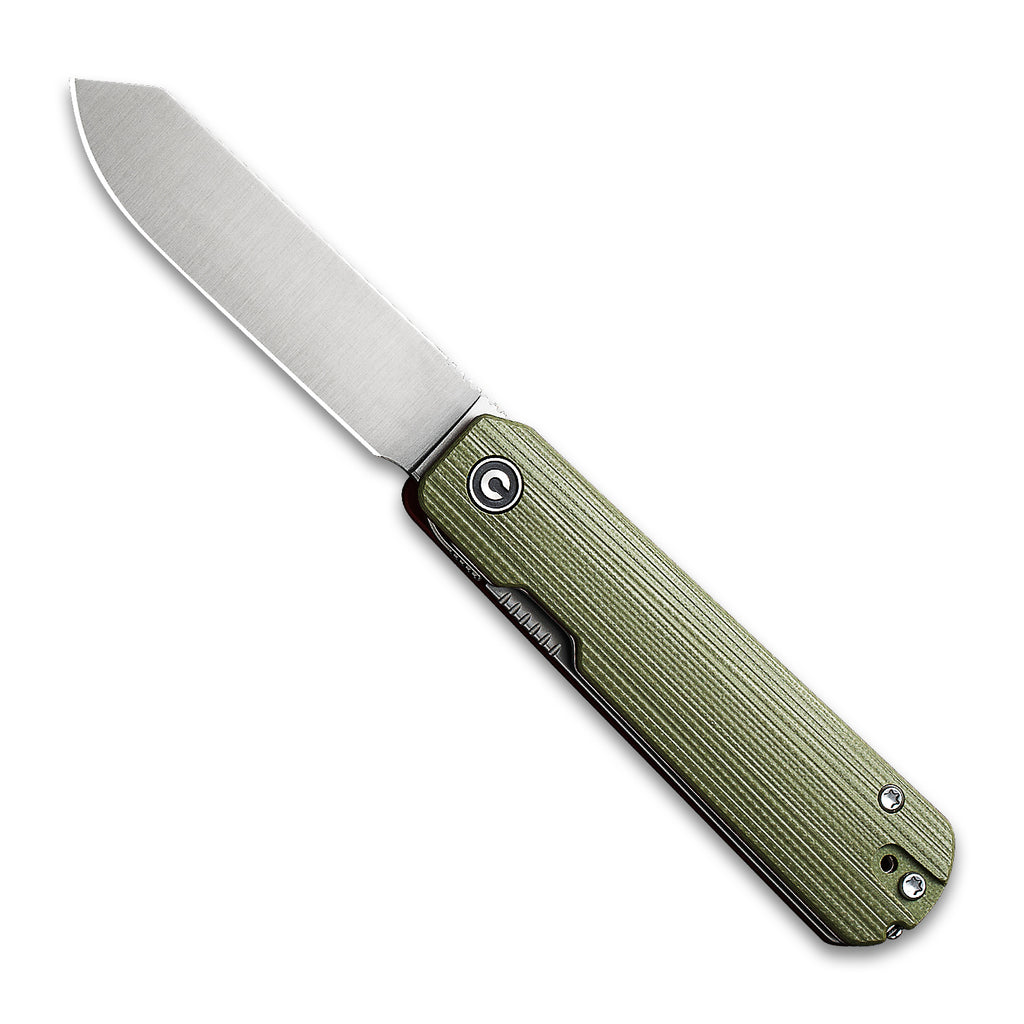 Opened front side of a CIVIVI Sendy Pocket Knife with a G10 green handle and a satin nitro V spey point blade