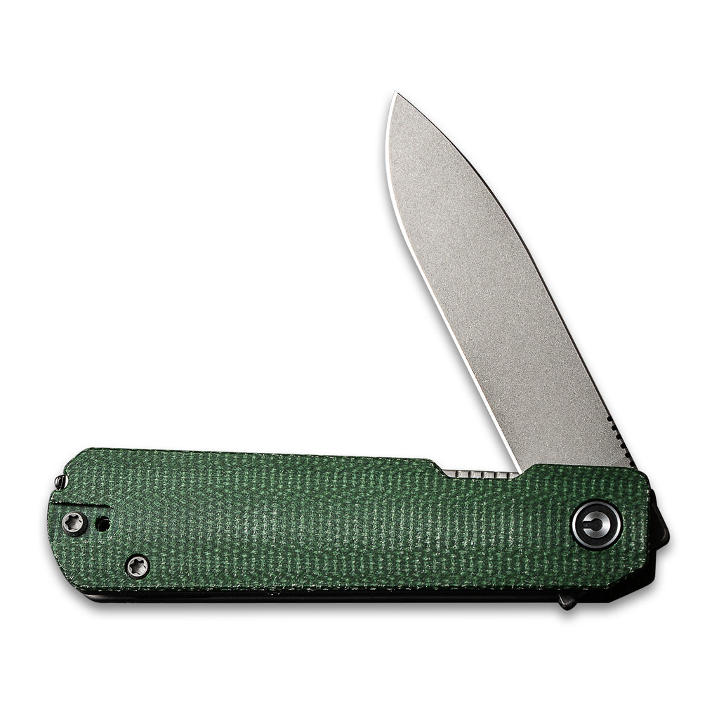 45 degrees opened front side of a CIVIVI Sendy Pocket Knife with a Green Micarta handle and a stonewash nitro V drop point blade
