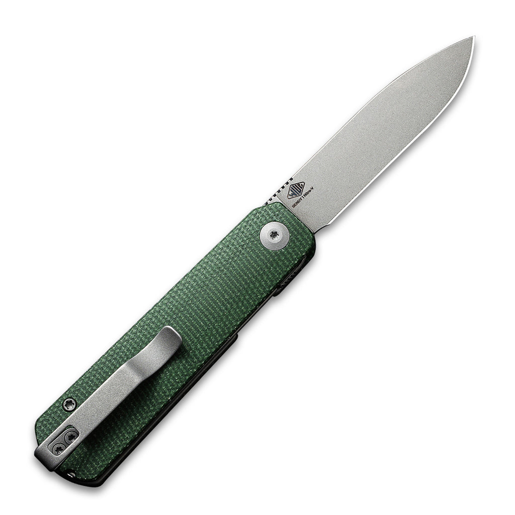 Opened clip side of a CIVIVI Sendy Pocket Knife with a Green Micarta handle and a stonewash nitro V drop point blade