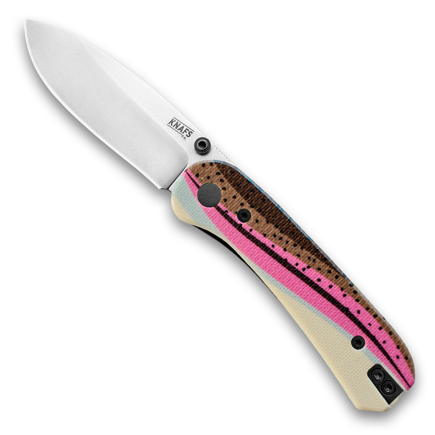 Lander 1 Pocket Knife - Printed G10 Scales - Pre-Built - Open Front - Gray Stonewash Rainbow trout