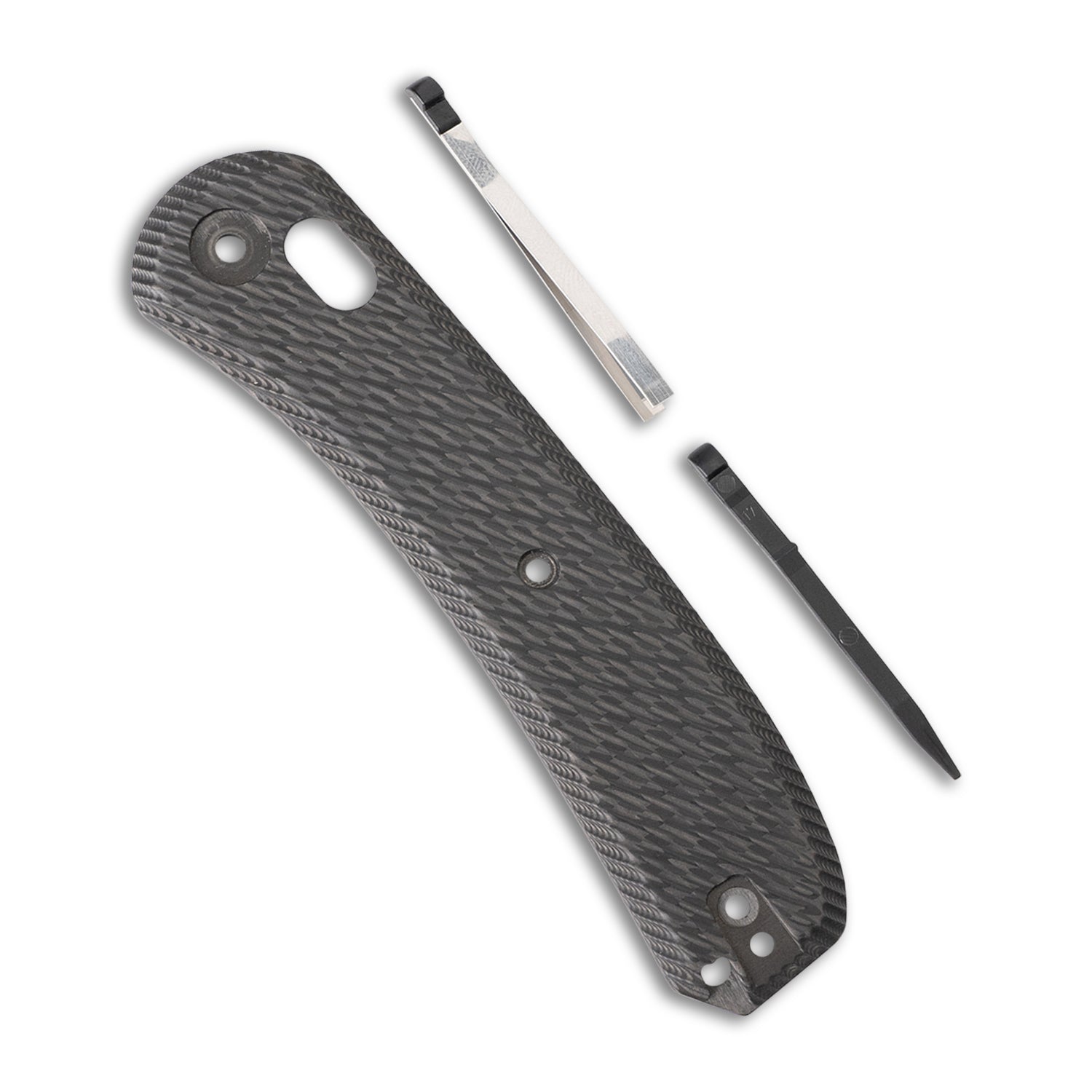 Lander 2 Knife Scales - Bias Carbon Fiber - Front Scale with Tweezer and Toothpick Up Close