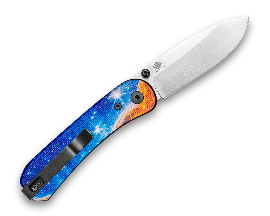 Opened clip side of a Knafs Lander 1 Pocket Knife with a Cosmic Cliffs G10 handle and a Stonewashed D2 drop point blade