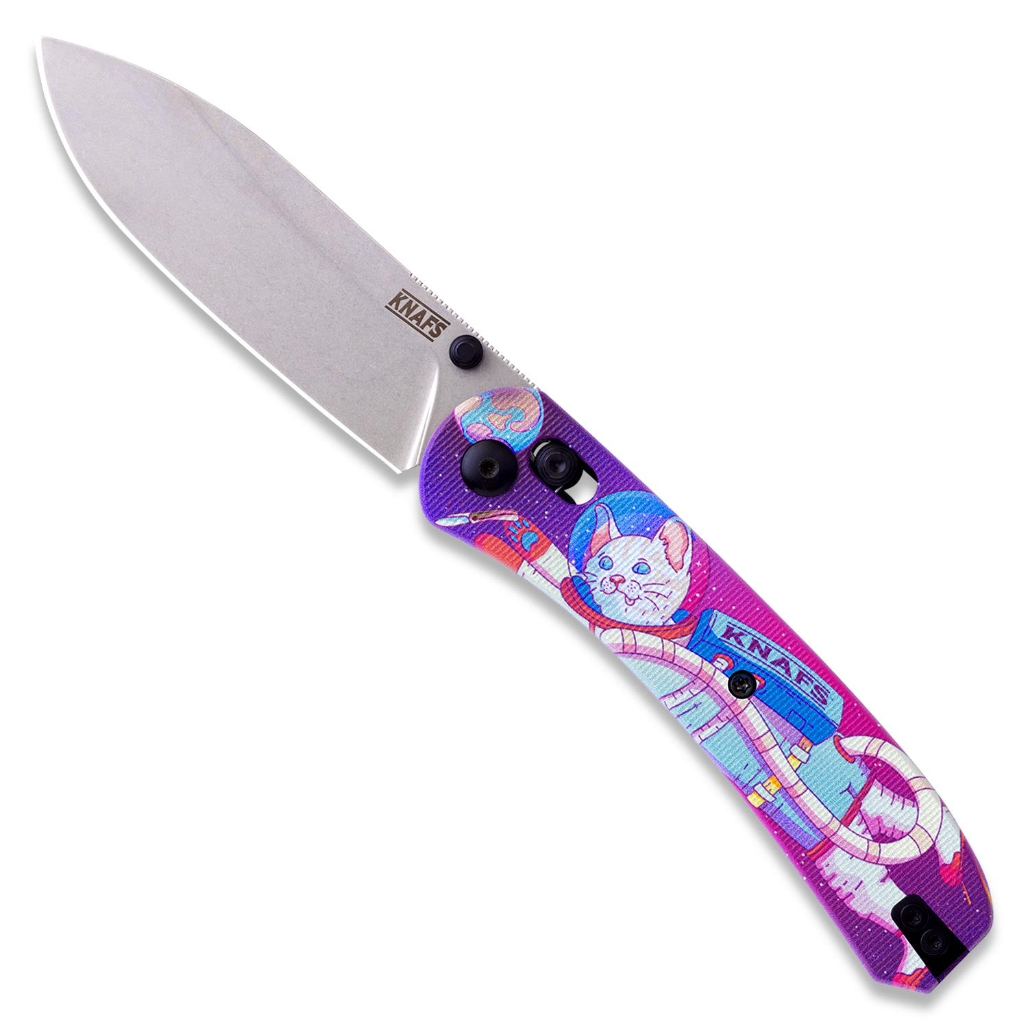 Lander 2 Knife Scales - Kitty Cosmo Crew G10 - on knife open - knife not included