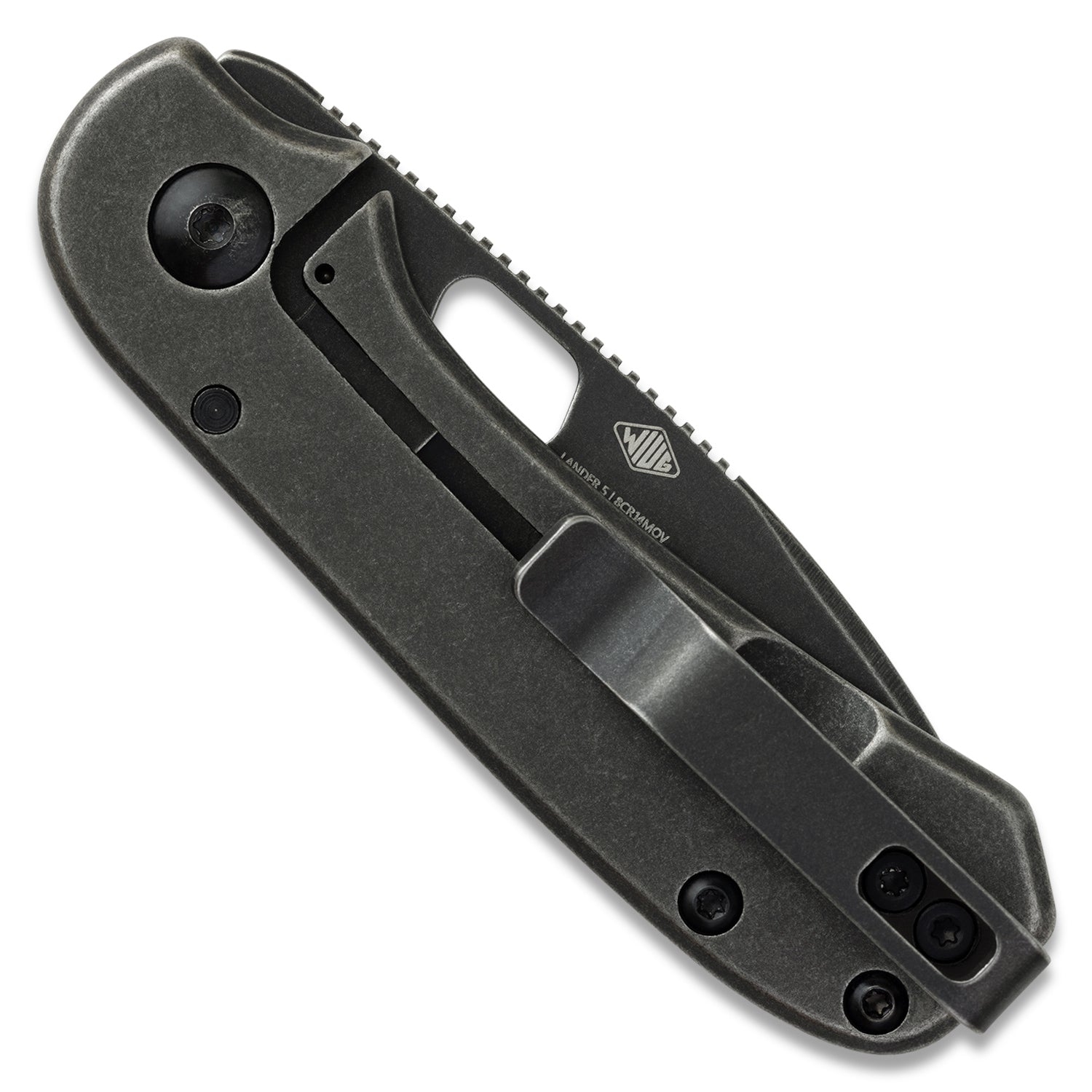 Lander 5 black folding knife with visible WIUG logo on a white background