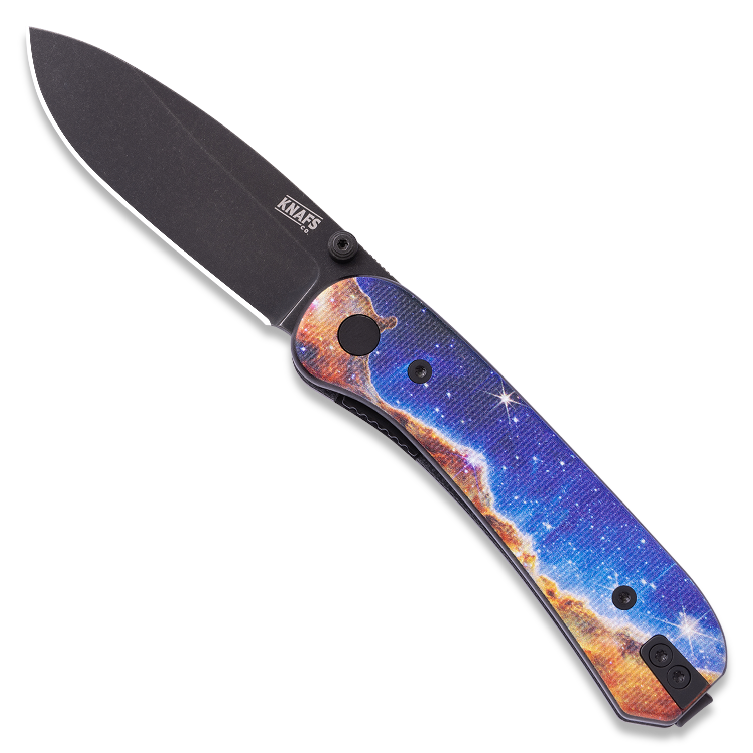 Lander 1 Pocket Knife - Printed G10 Scales - Pre-Built - Open Front - Black Stonewash Cosmic Cliffs