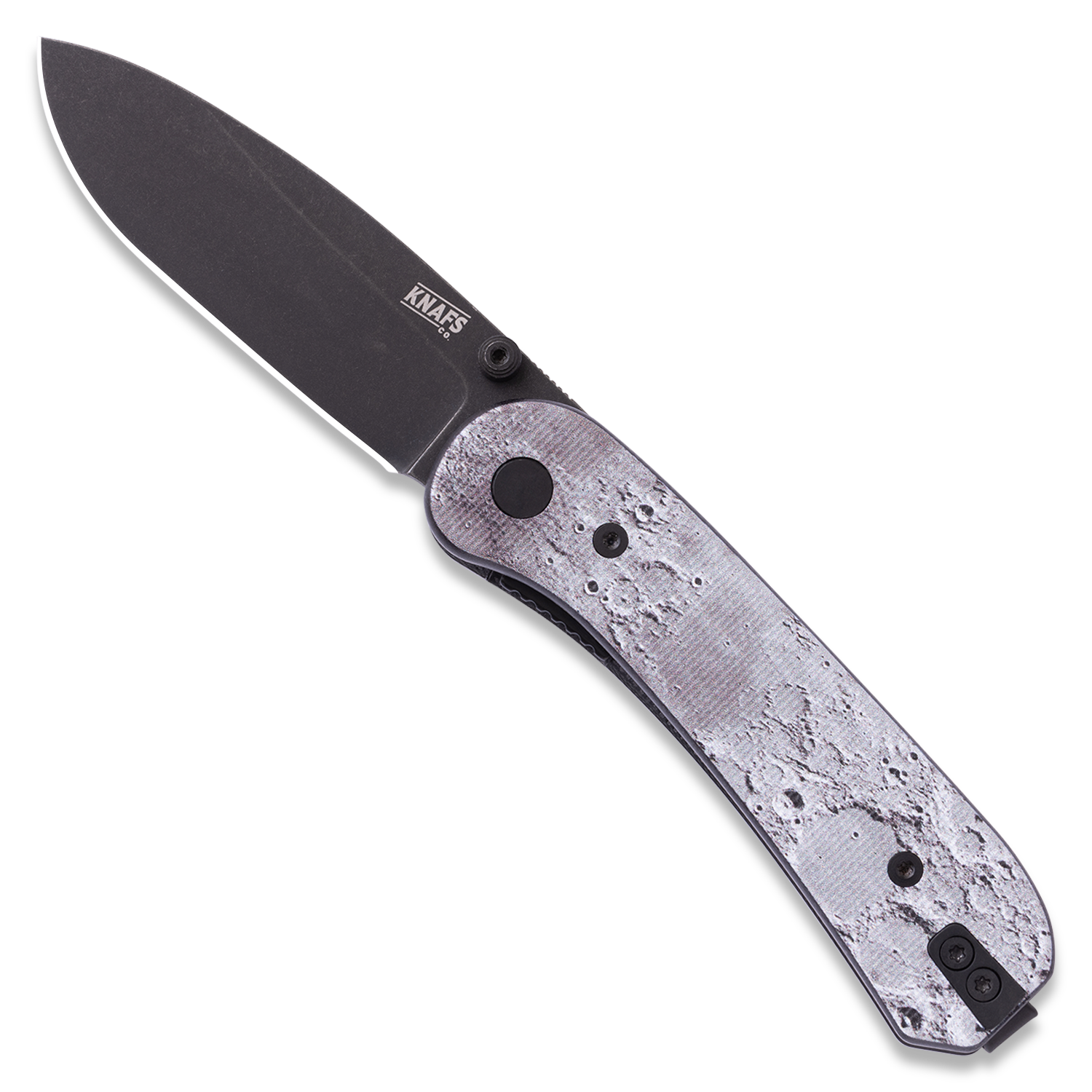 Lander 1 Pocket Knife - Printed G10 Scales - Pre-Built - Open Front - Black Stonewash Lunar surface