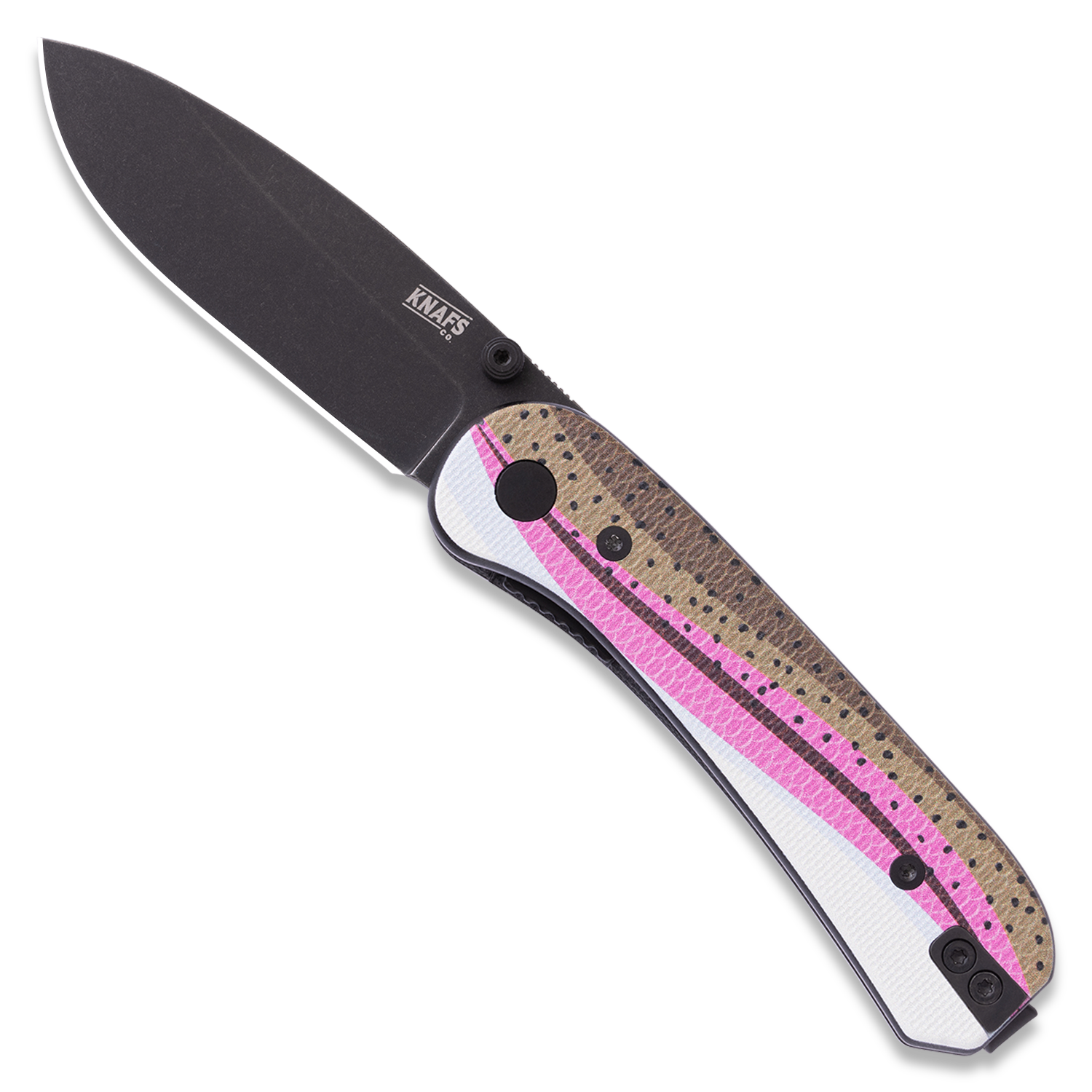 Lander 1 Pocket Knife - Printed G10 Scales - Pre-Built - Open Front - Black Stonewash Rainbow Trout