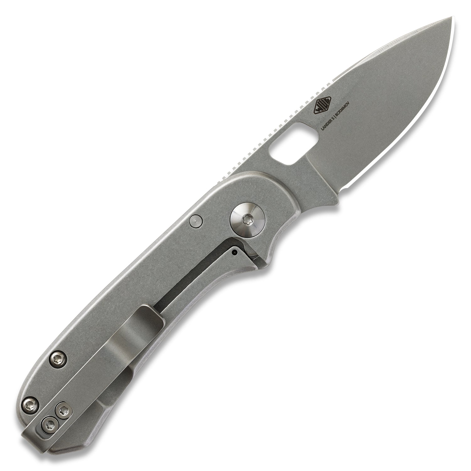 KNAFS-00396 Lander 5 Folding knife with a metallic finish on a white background