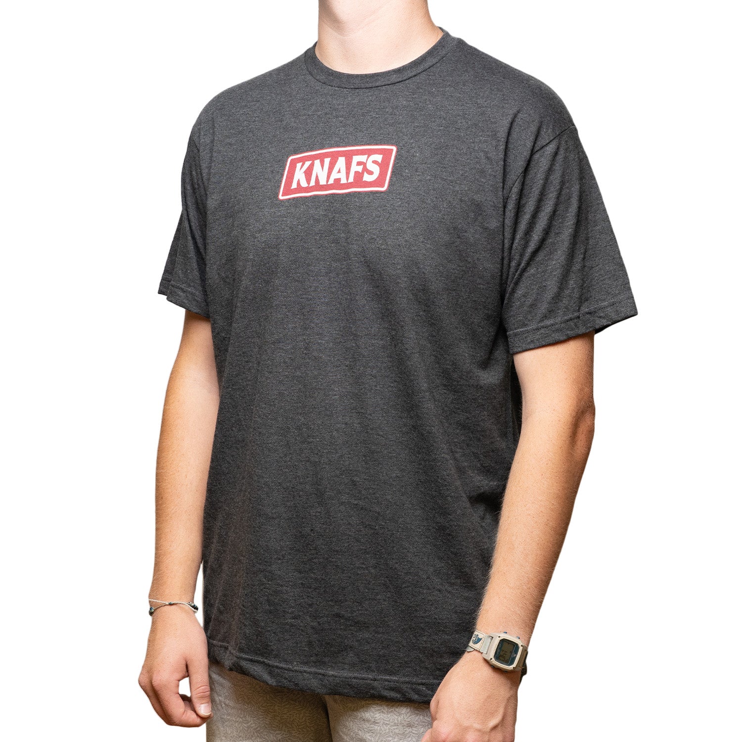 Knafs Red Bar Stamp Logo - T-shirt - Gray on person