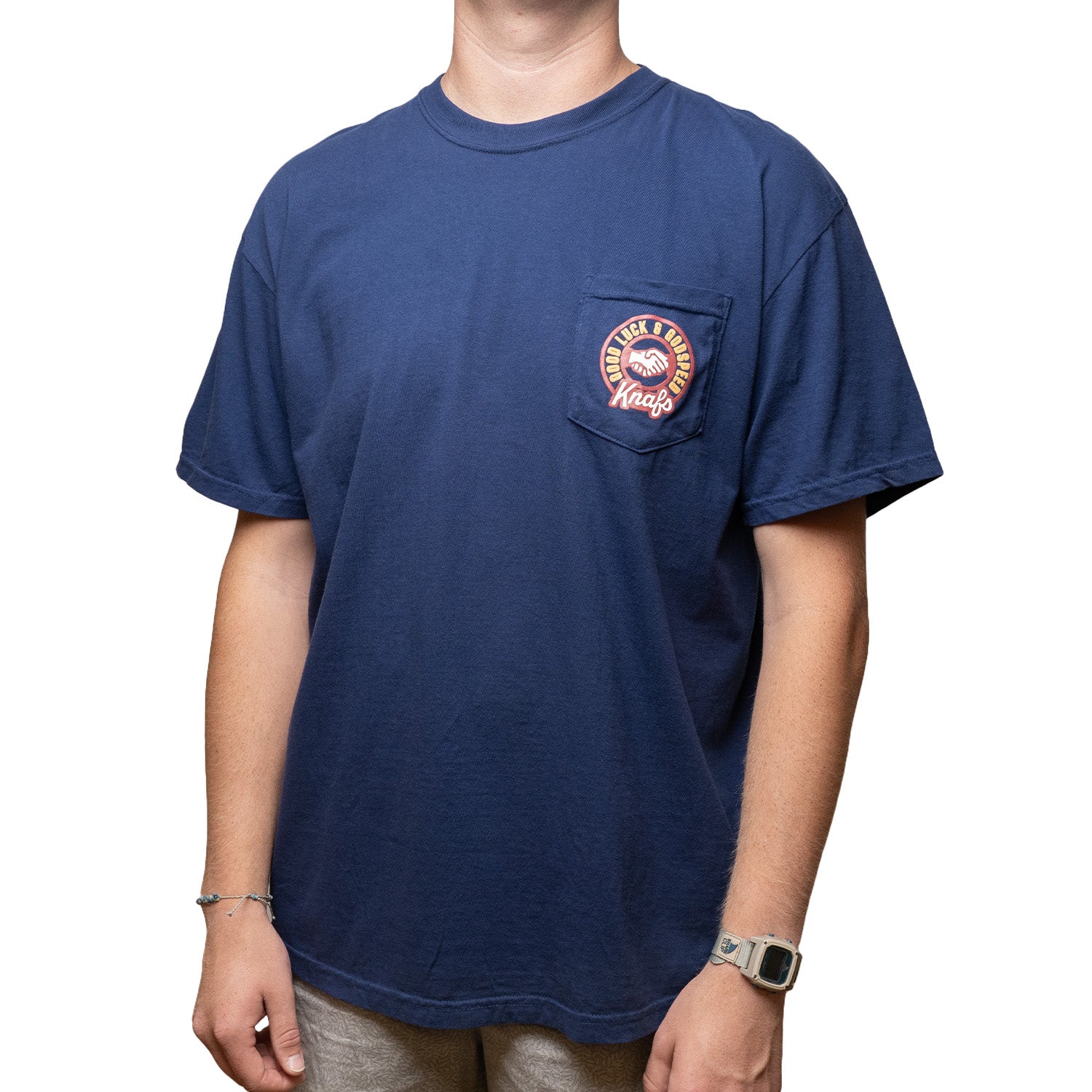 Knafs Pocket T-Shirt - Good Luck & Godspeed - Navy on person