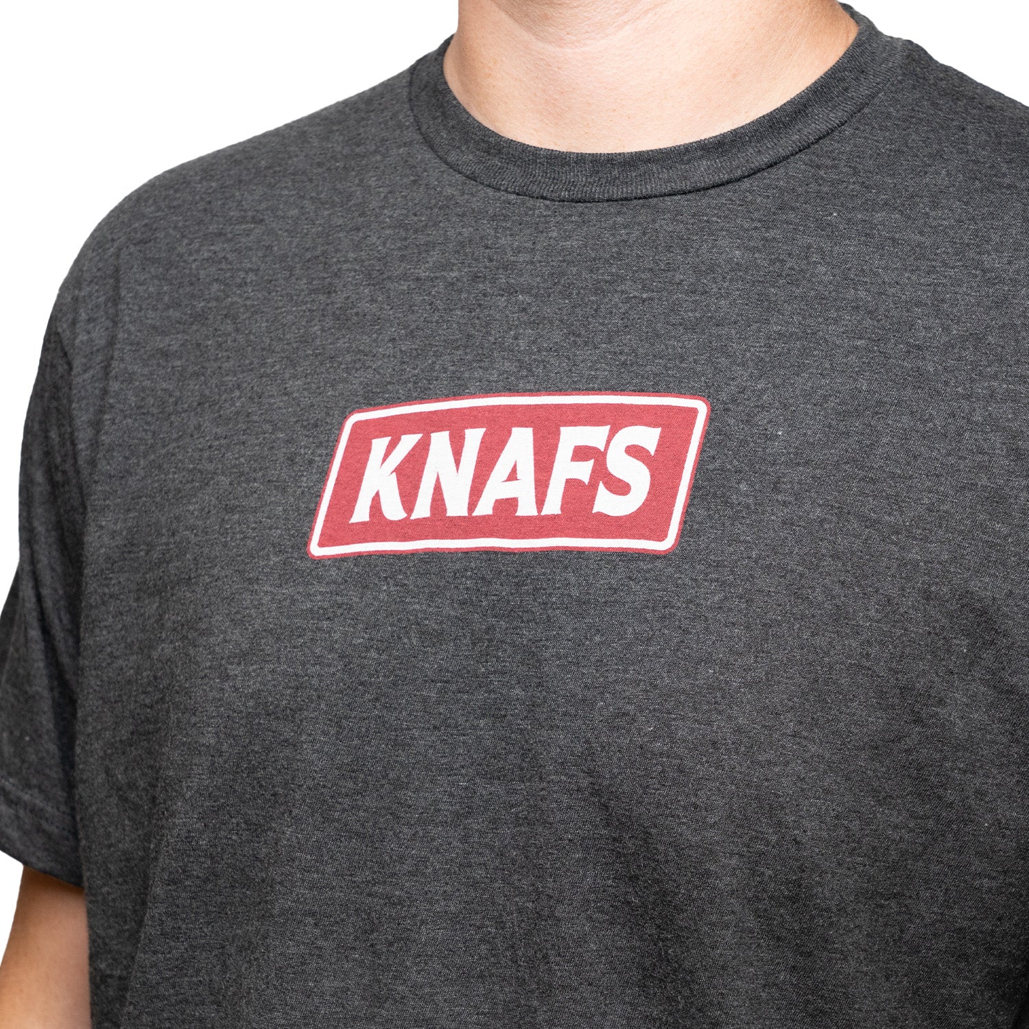 Knafs Red Bar Stamp Logo - T-shirt - Gray on person - close up of logo