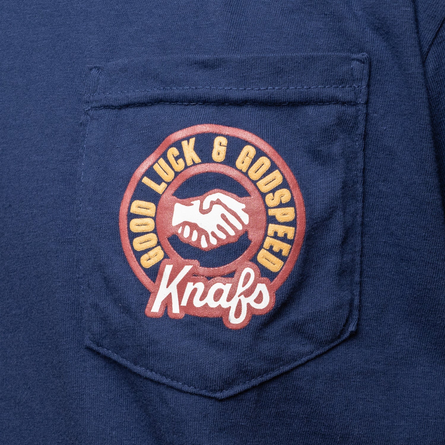 Knafs Pocket T-Shirt - Good Luck & Godspeed - Navy close up of pocket