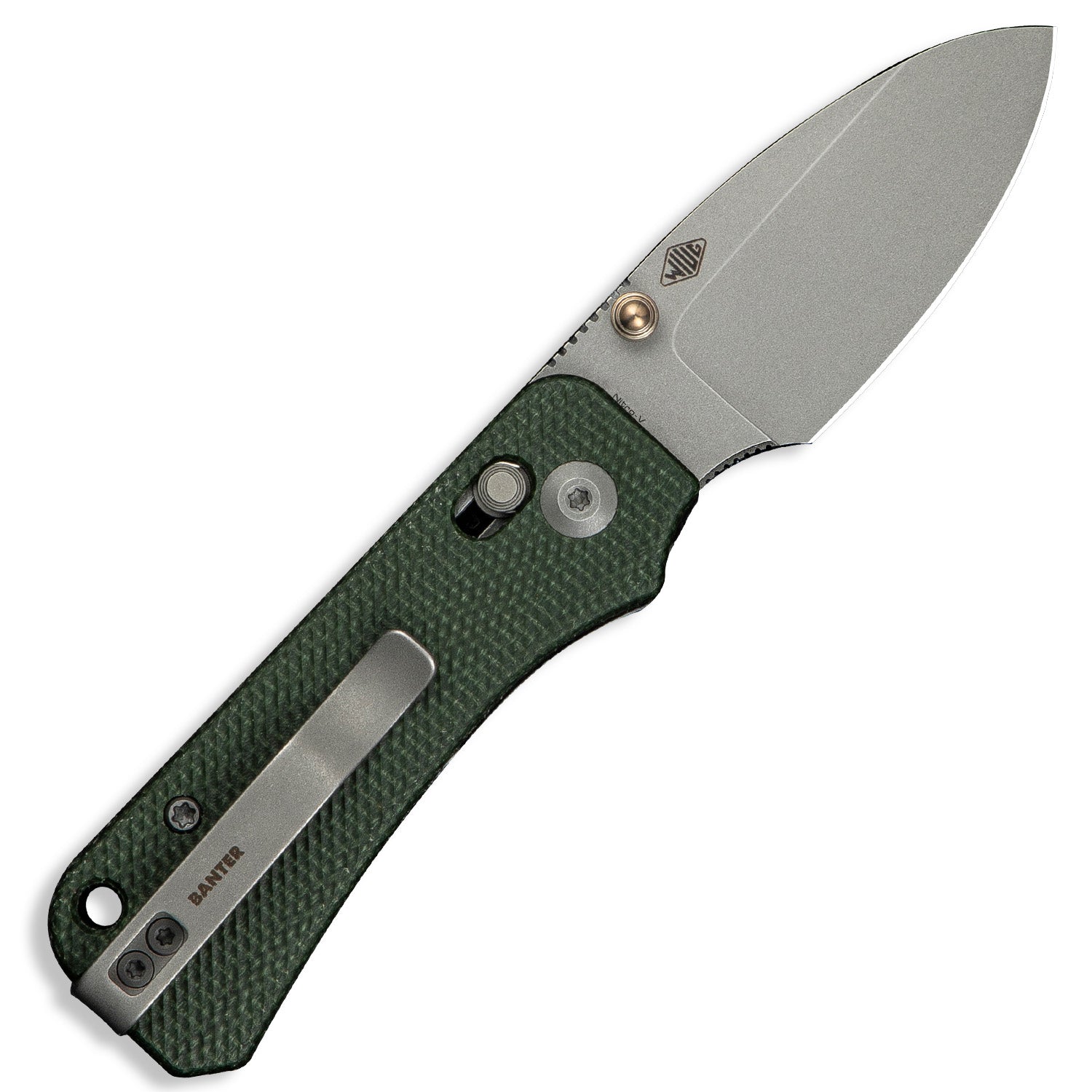 KNAFS-00579 Baby Banter 2 Green Micarta open back