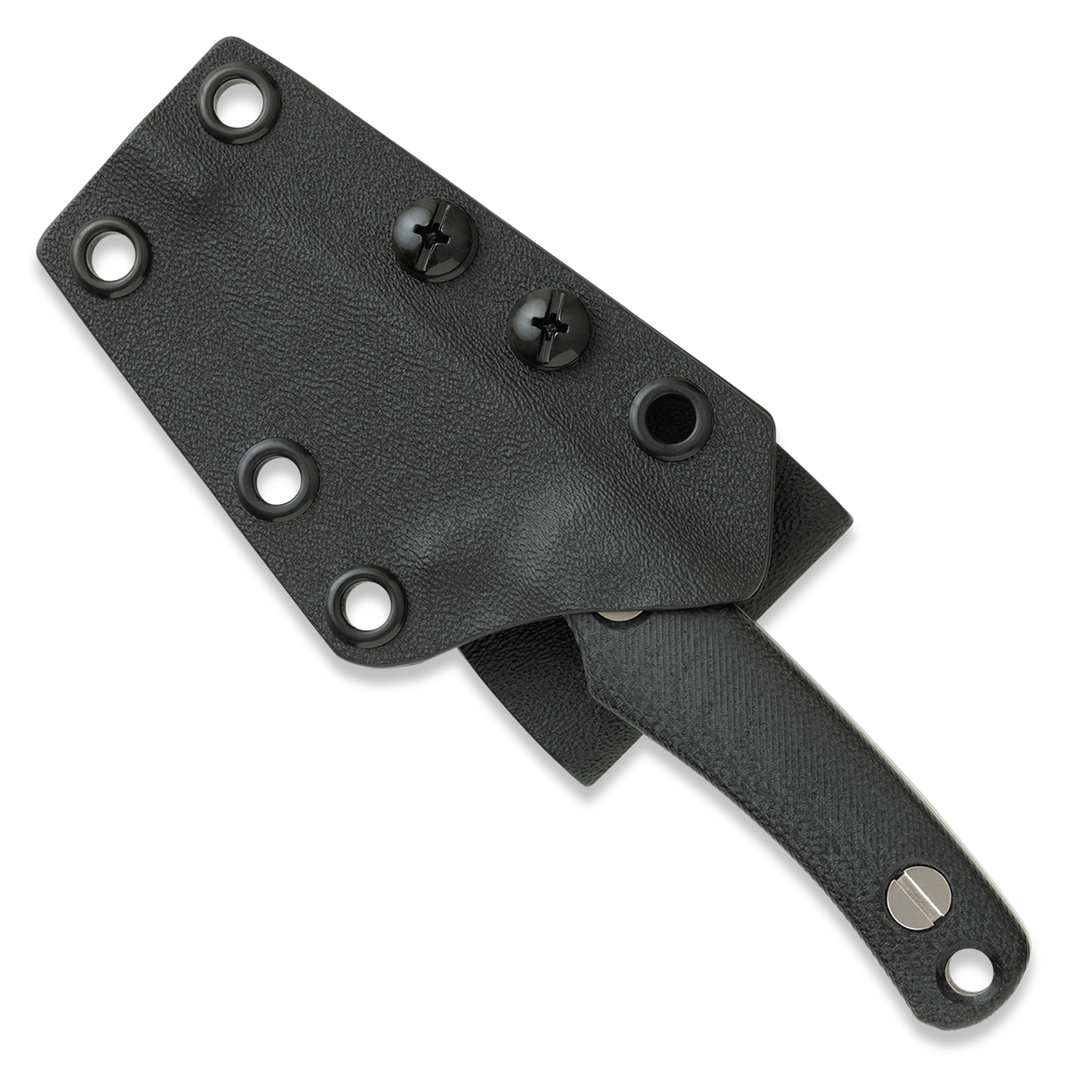 A black textured Kydex knife sheath with a matching black handle, shown on a clean white background. The sheath features multiple pre-drilled grommets and two black screws, while the handle has a silver metal rivet.