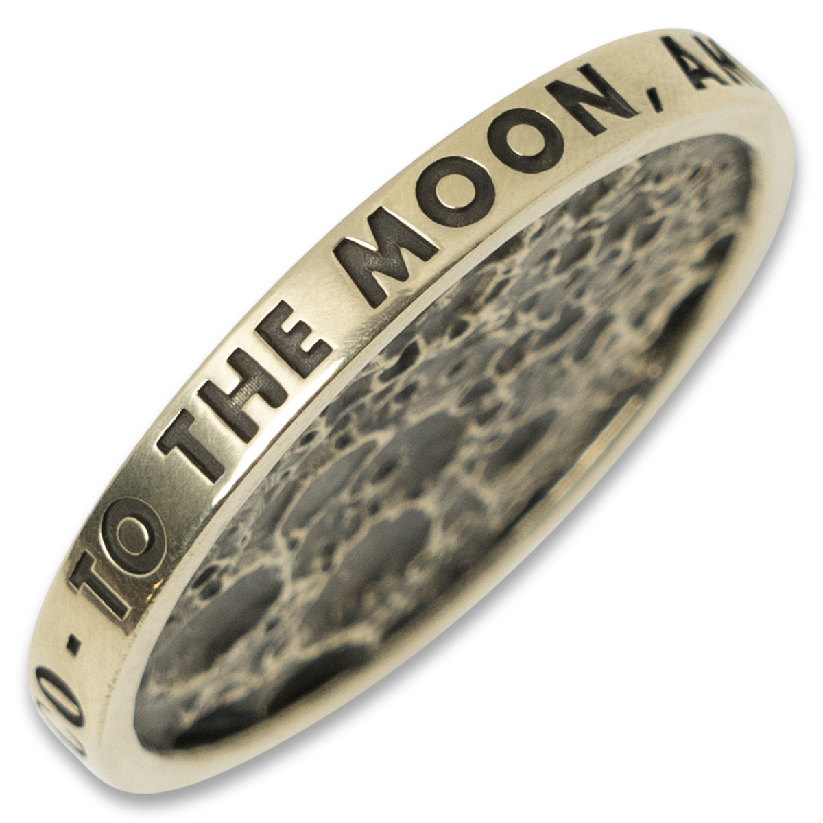 Brass coin with edge engraving that reads "To The Moon, Amigos"