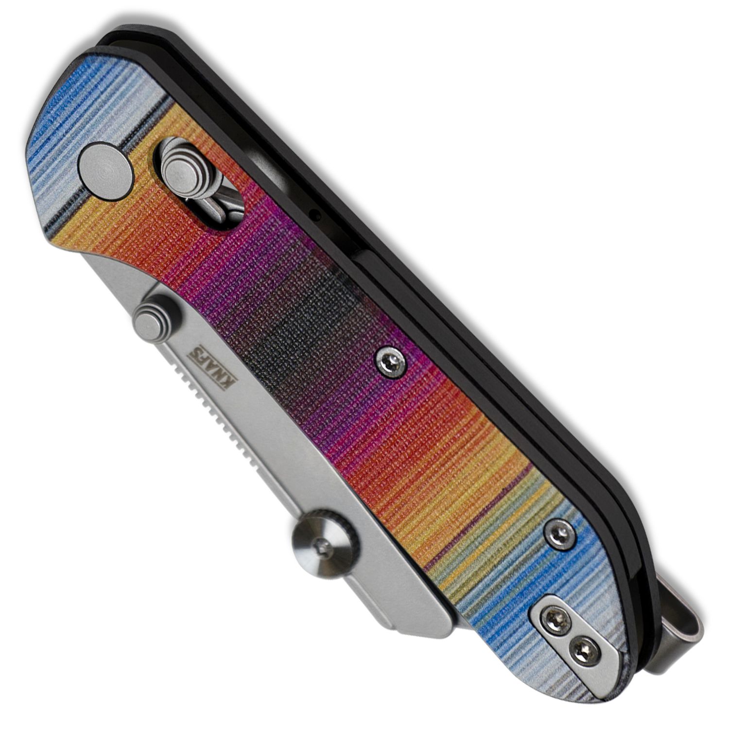 Yuti utility knife with UV printed Mexican blanket pattern G10 handle, closed, angled view