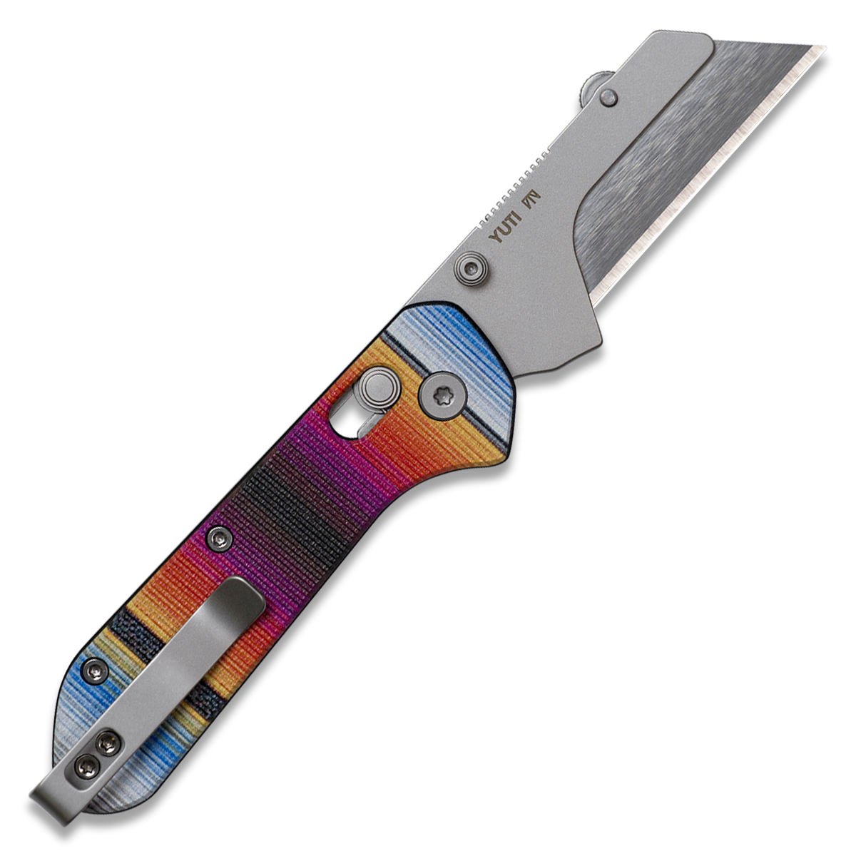 Yuti utility knife with UV printed Mexican blanket pattern G10 handle, open, back view