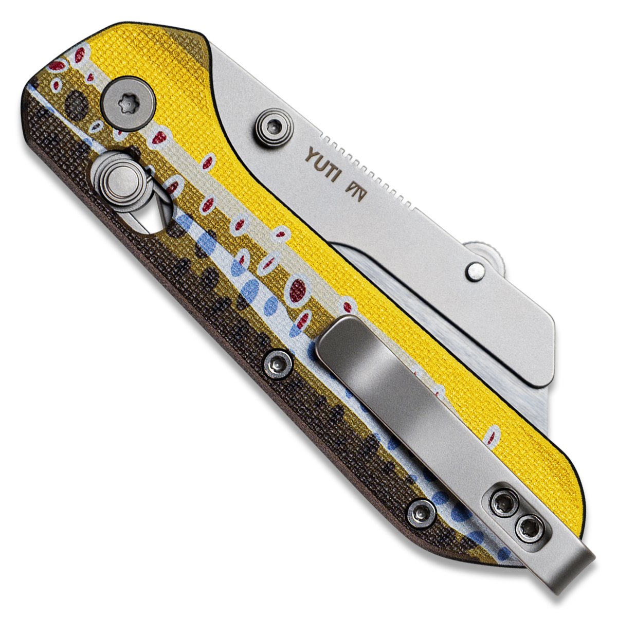 Yuti utility knife with UV printed brown trout pattern G10 handle, closed, back view