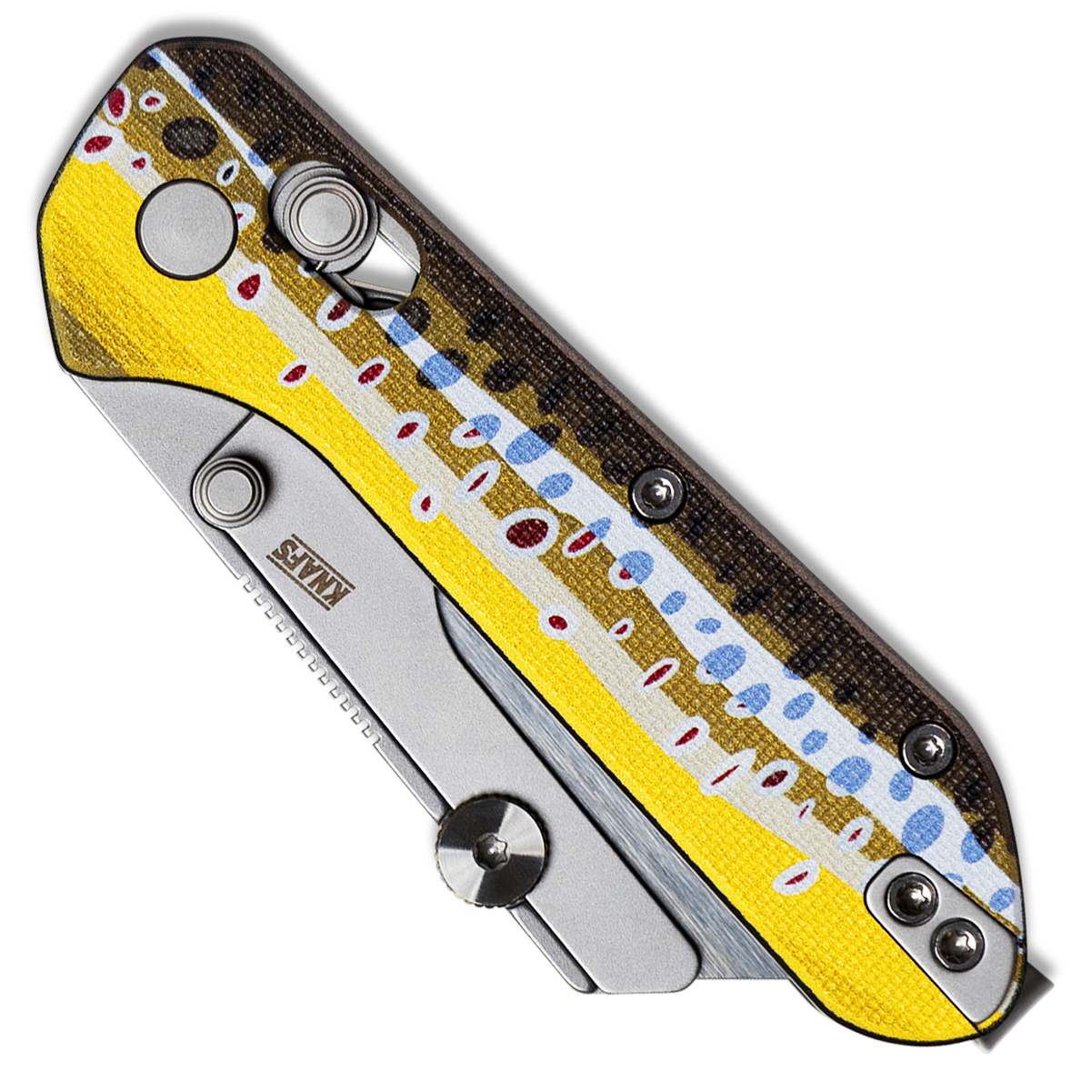 Yuti utility knife with UV printed brown trout pattern G10 handle, closed, front view