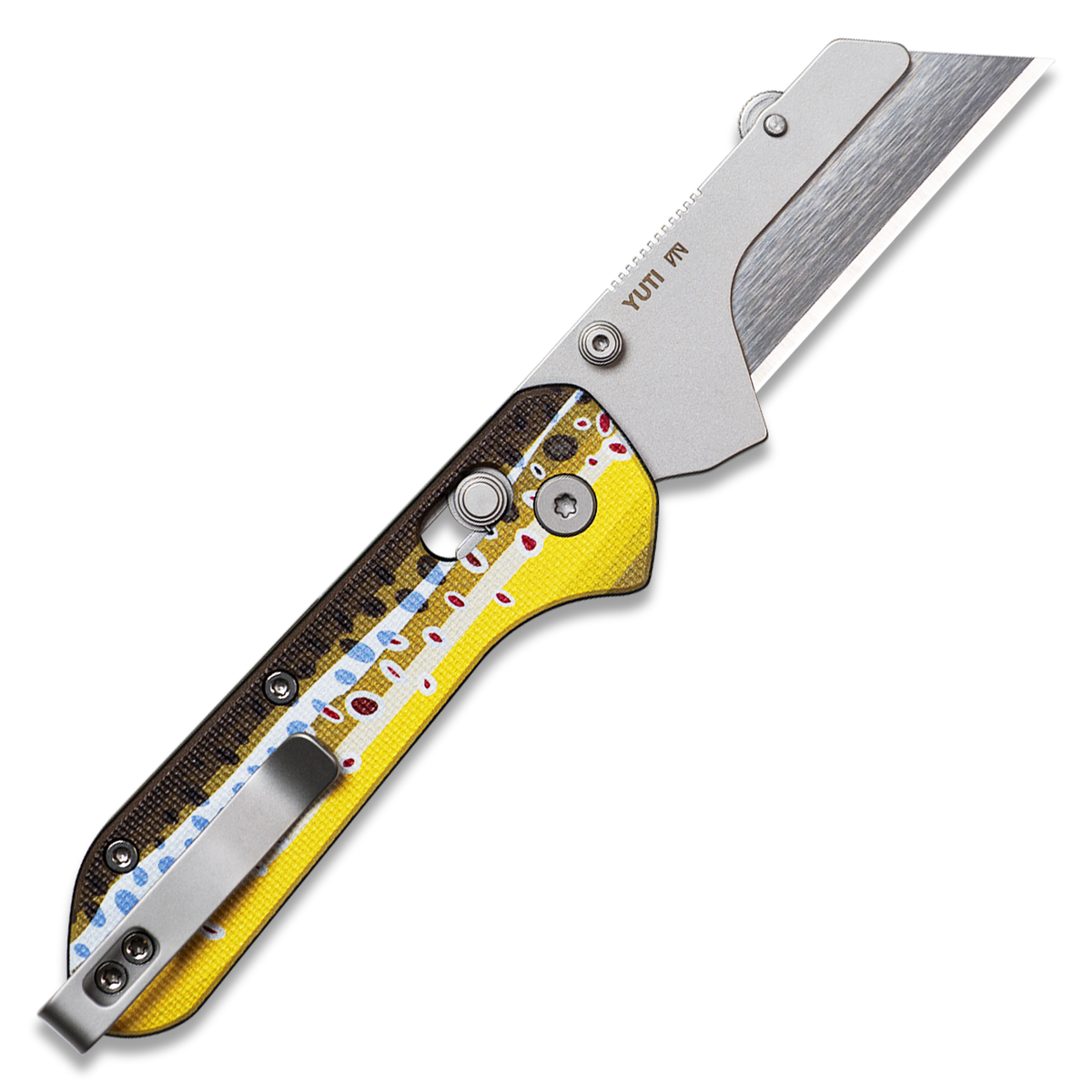 A folding pocket knife with a silver stainless steel blade and handle accents, featuring a bright yellow, black, and white patterned handle scale, shown on a solid white background.