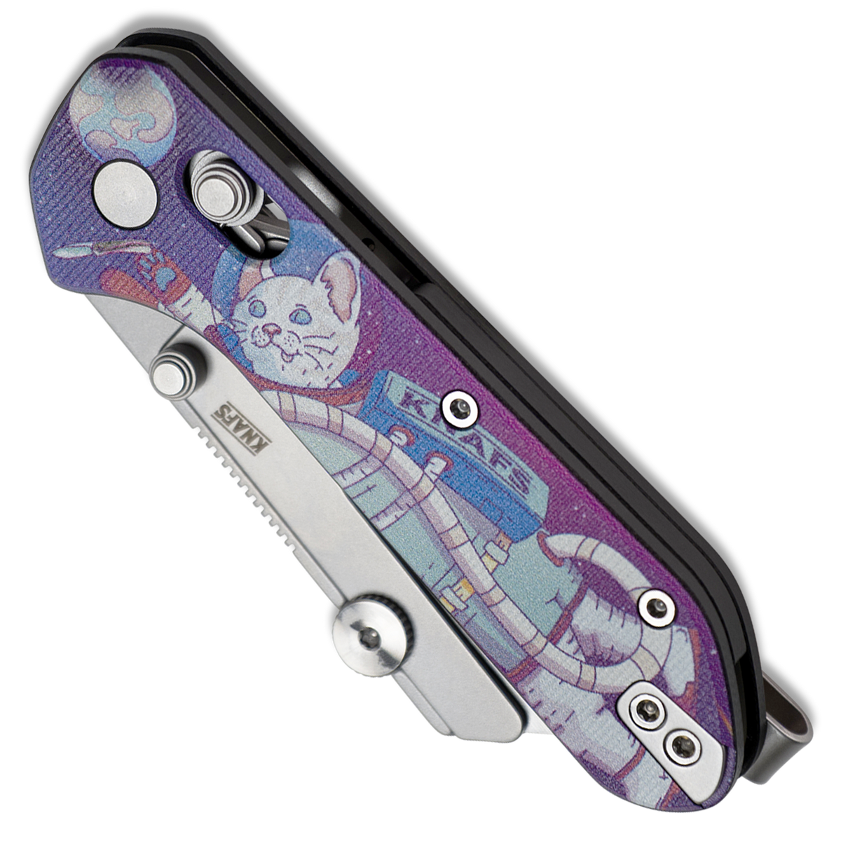 Yuti utility knife with UV printed Kitty Cosmo Crew pattern G10 handle, closed, angled view
