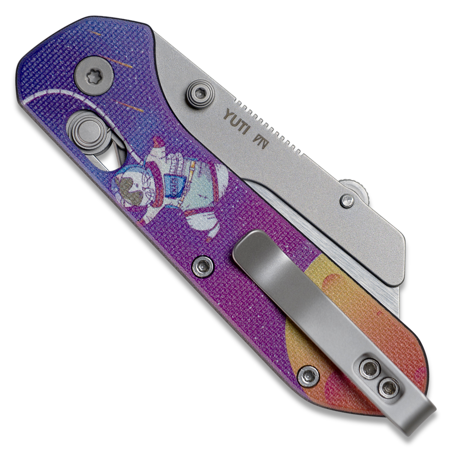 Yuti utility knife with UV printed Kitty Cosmo Crew pattern G10 handle, closed, back view