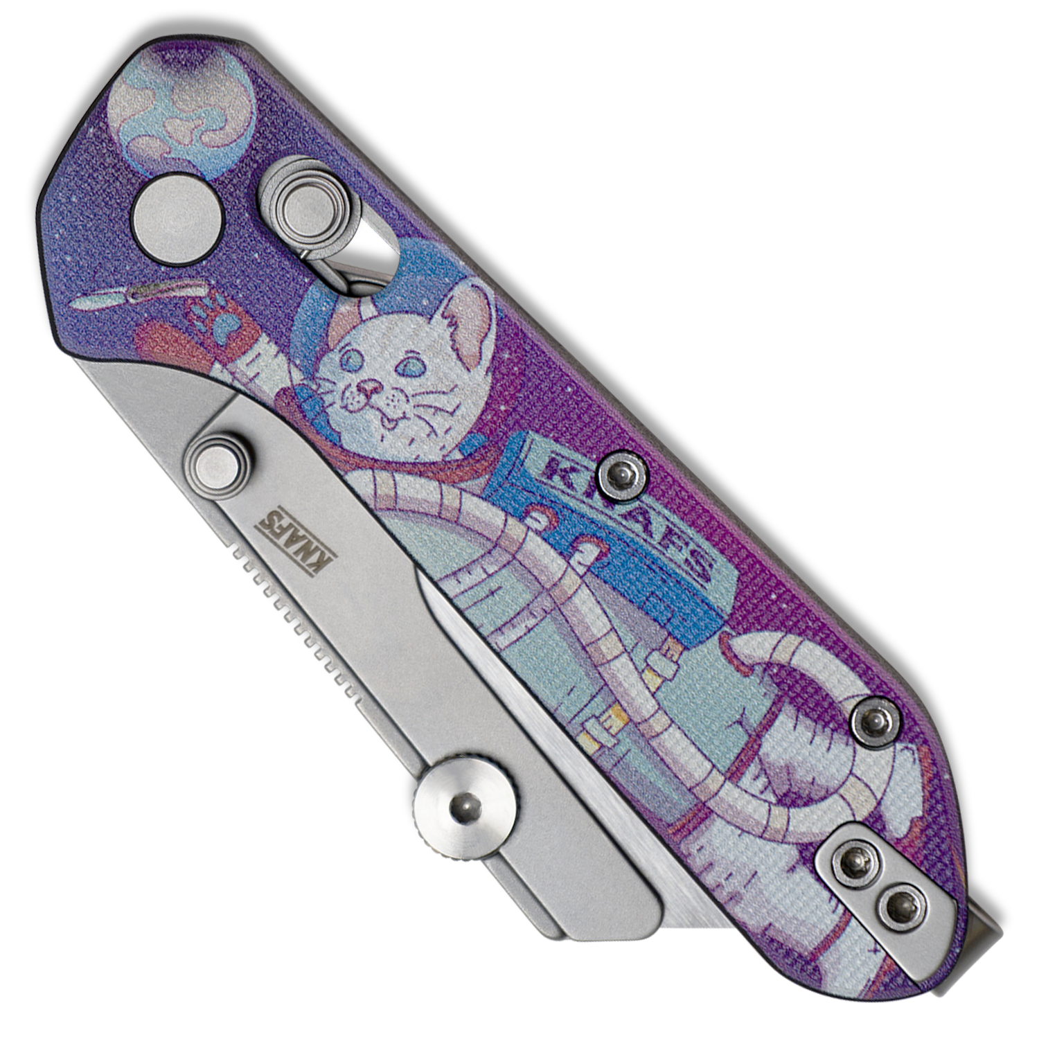 Yuti utility knife with UV printed Kitty Cosmo Crew pattern G10 handle, closed, front view