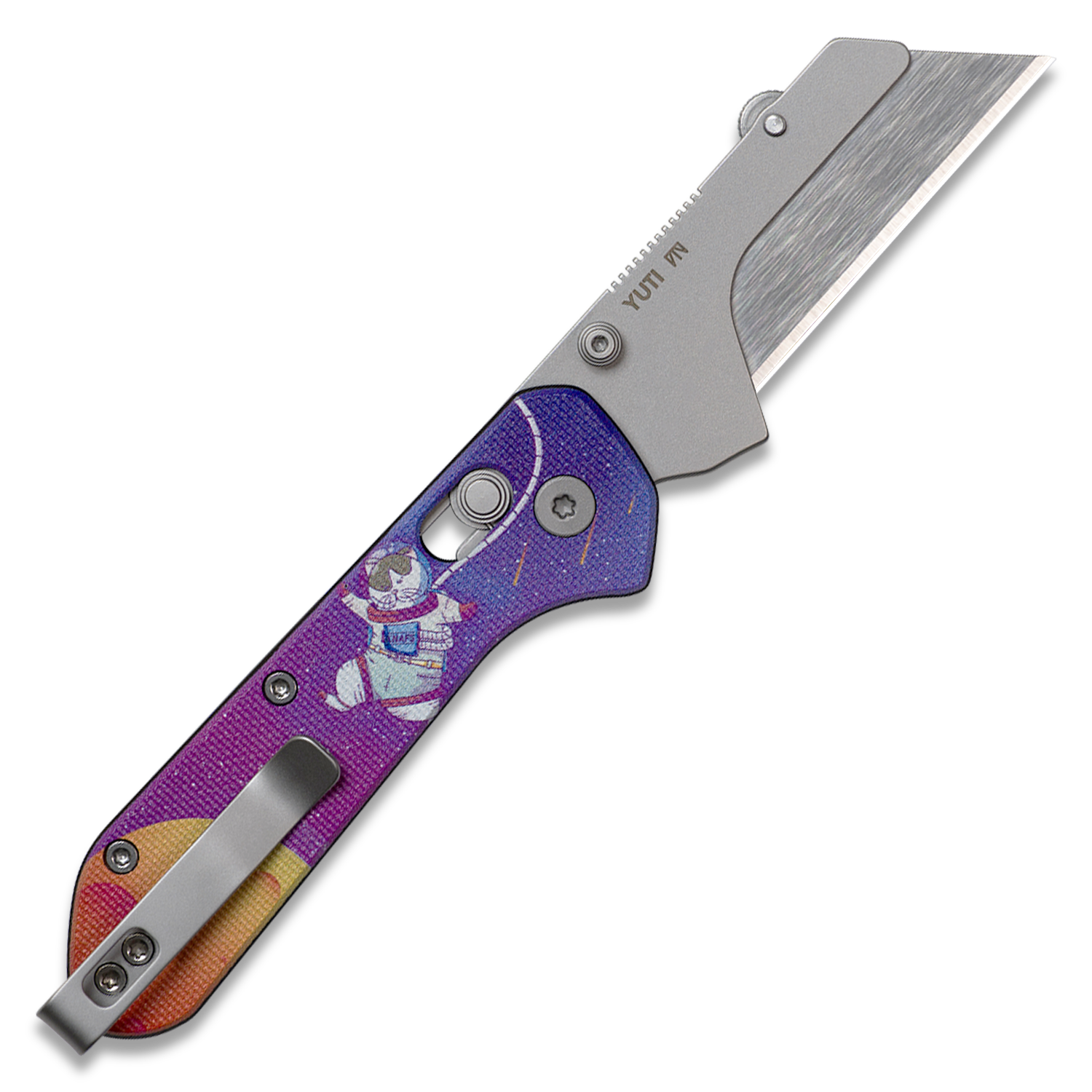 Yuti utility knife with UV printed Kitty Cosmo Crew pattern G10 handle, open, back view