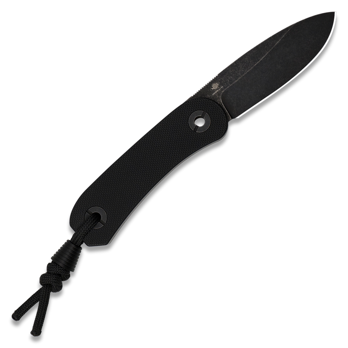 A black pocket knife with a textured handle and a black paracord lanyard, shown open on a solid white background.
