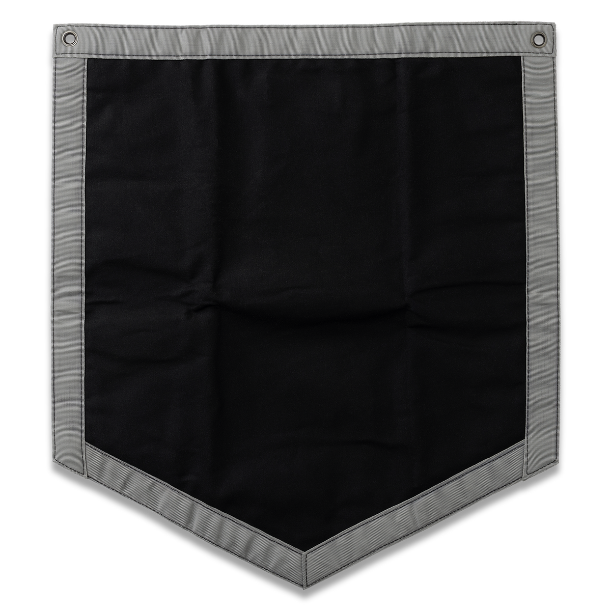 A black shield-shaped fabric banner or pocket with a gray stitched border and metal grommets in the top corners, shown against a plain white background.